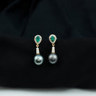 Tahitian Pearl and Created Emerald Drop Earrings with Moissanite Lab Created Emerald - ( AAAA ) - Quality - Rosec Jewels