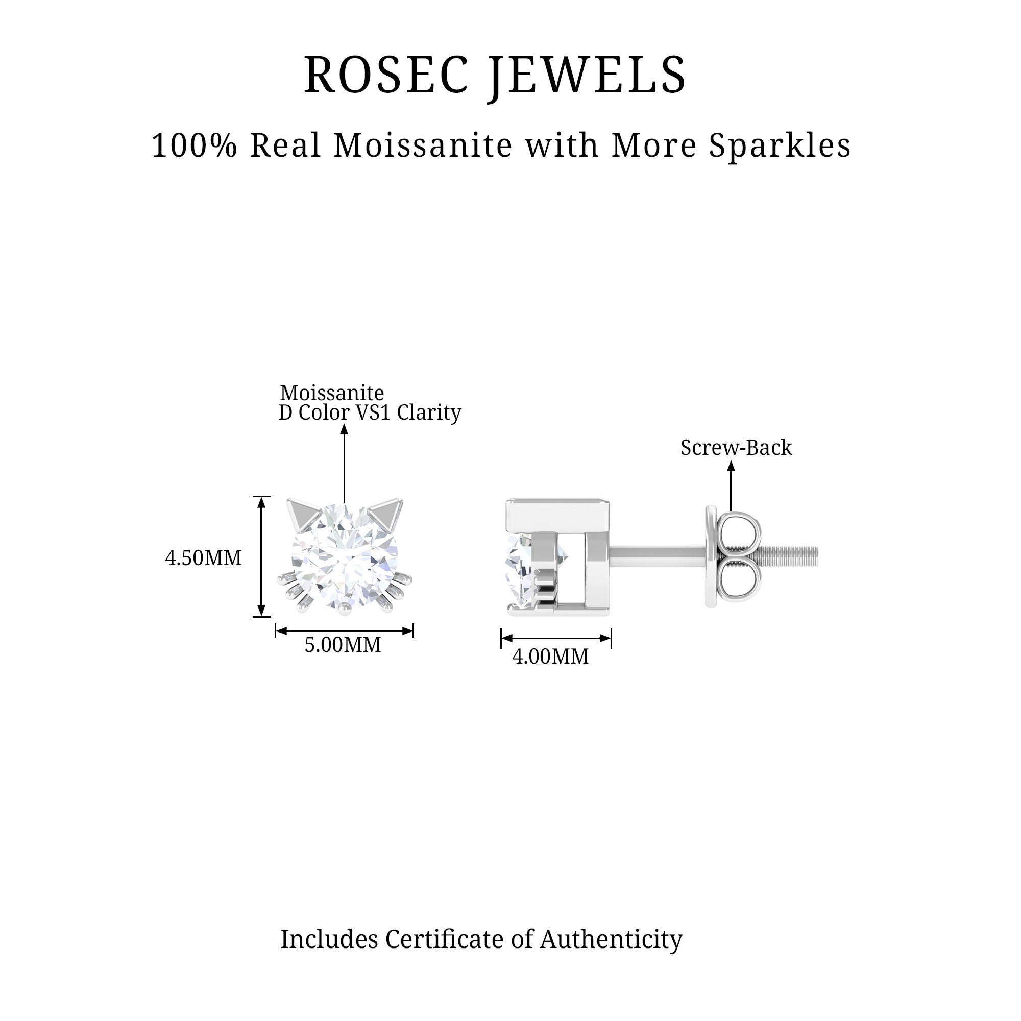 3/4 CT Solitaire Moissanite Cat Stud Earrings in Gold Moissanite - ( D-VS1 ) - Color and Clarity - Rosec Jewels