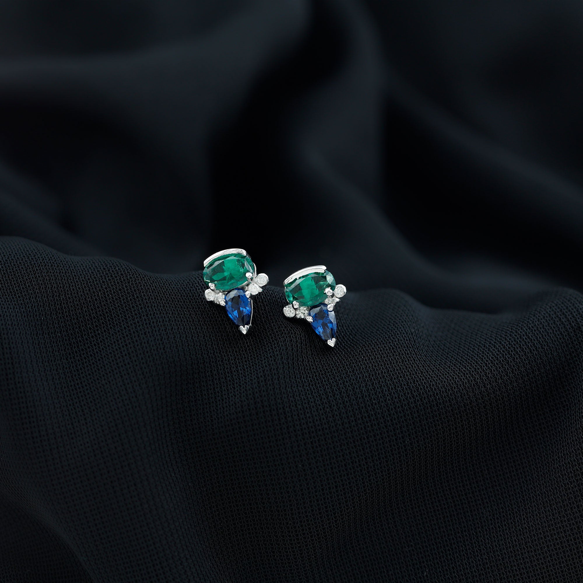 Created Emerald and Created Blue Sapphire Silver Cluster Stud Earring with Moissanite Lab Created Blue Sapphire - ( AAAA ) - Quality 92.5 Sterling Silver - Rosec Jewels