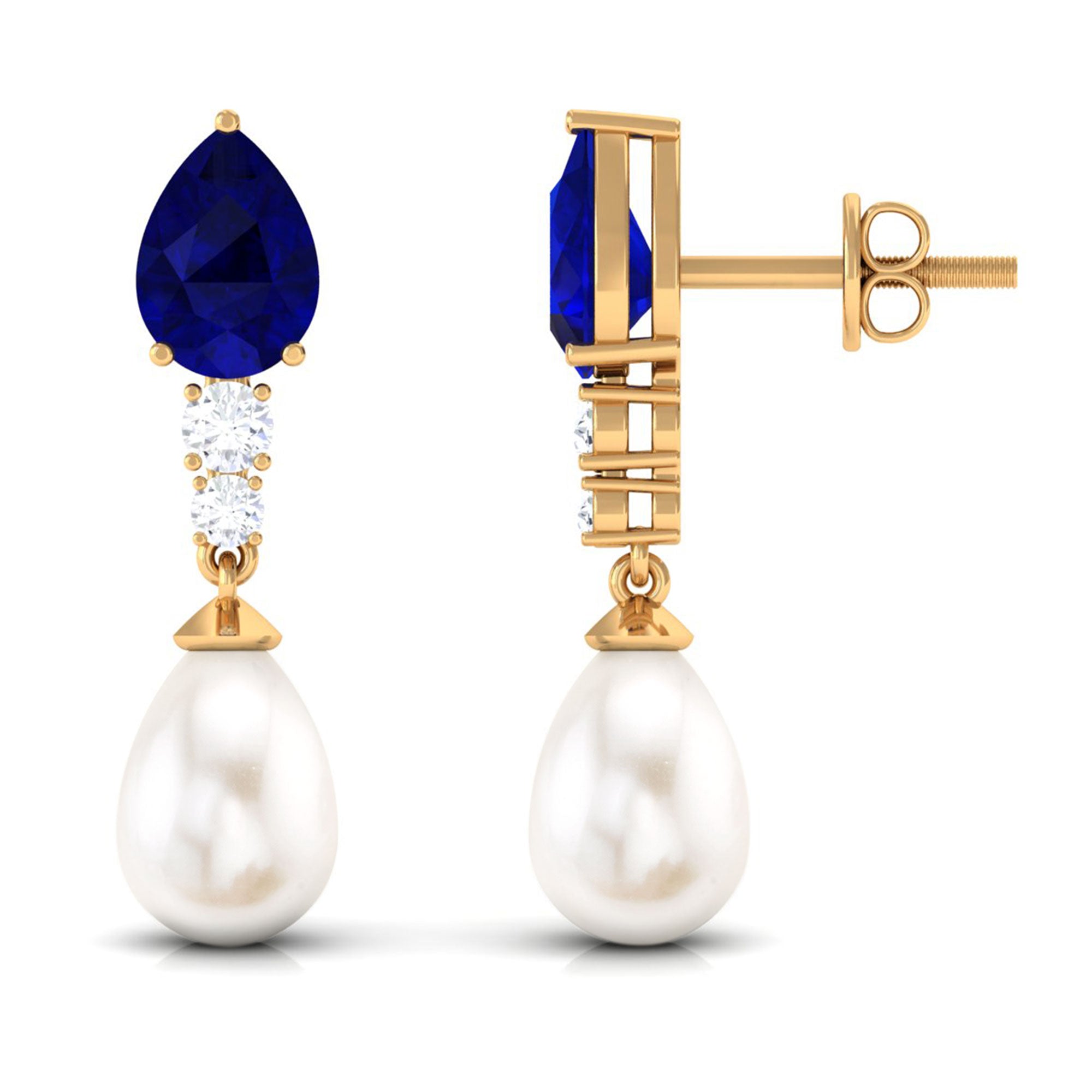 7.5 CT Blue Sapphire And Freshwater Pearl Dangle Earrings with Moissanite Blue Sapphire - ( AAA ) - Quality - Rosec Jewels