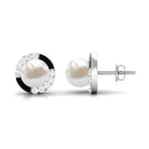 Real Freshwater Pearl Stud Earrings with Diamond Freshwater Pearl - ( AAA ) - Quality - Rosec Jewels