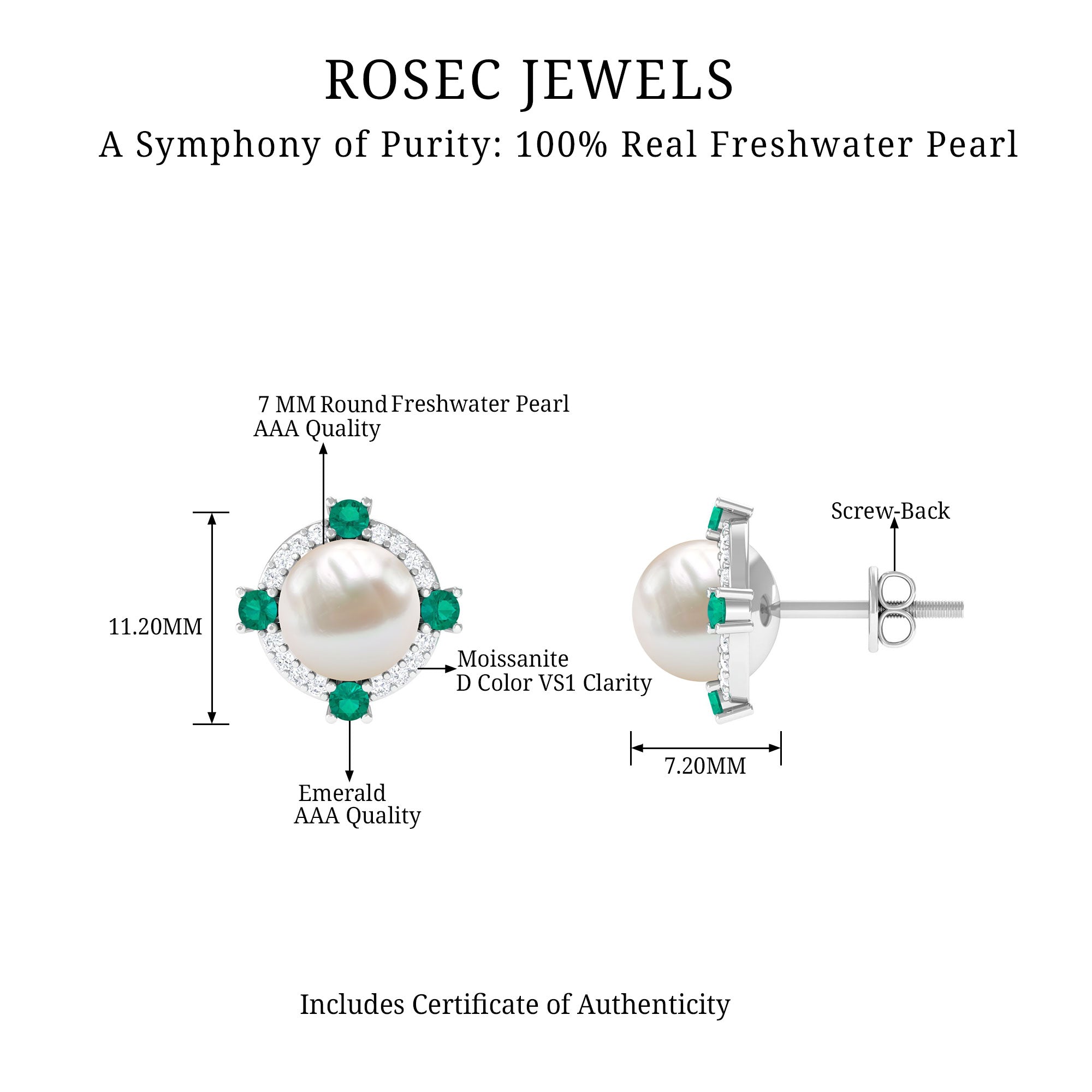 6.50 CT Freshwater Pearl Solitaire Studs with Emerald and Moissanite Halo Freshwater Pearl - ( AAA ) - Quality - Rosec Jewels