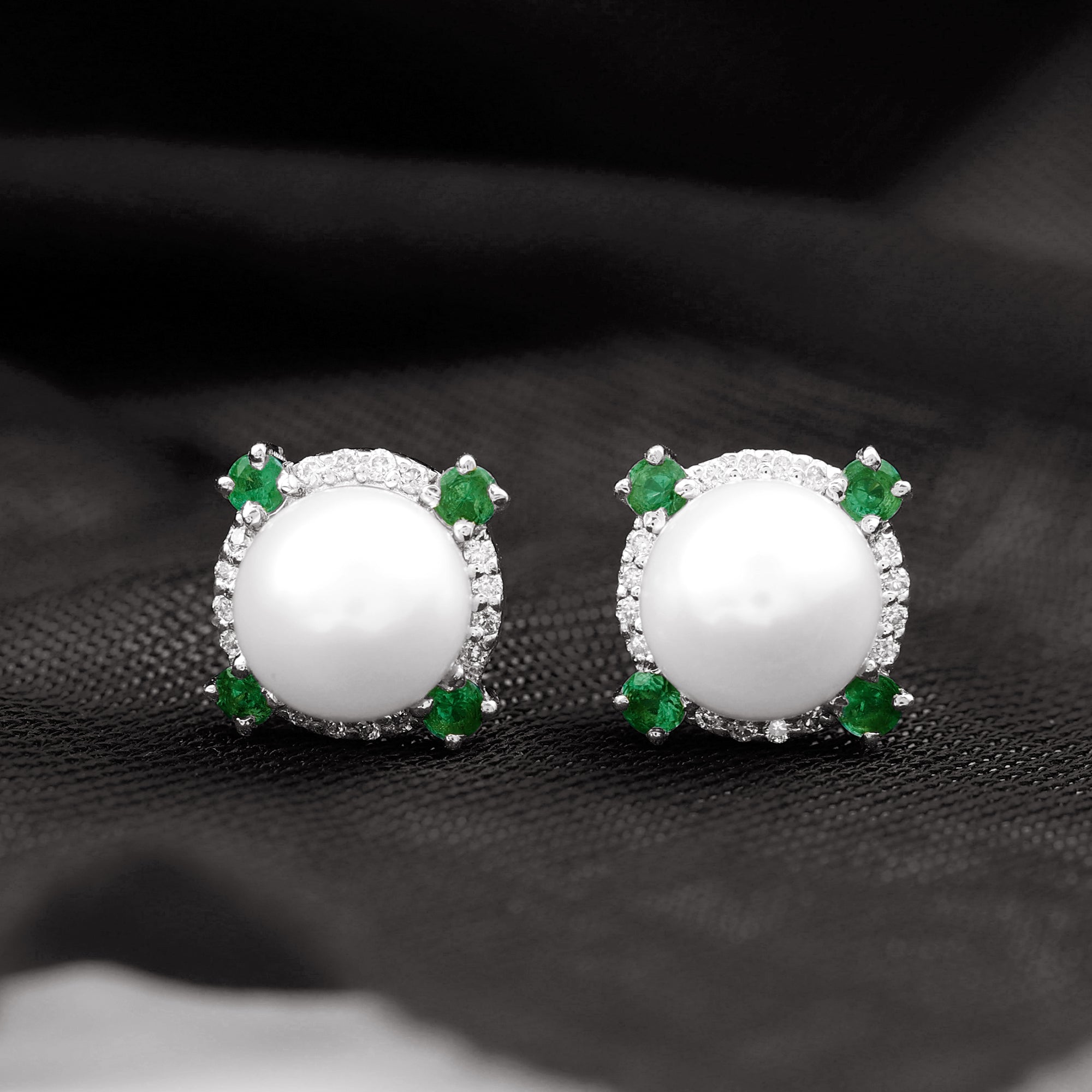 Freshwater Pearl Diamond Halo Stud Earrings with Created Emerald Freshwater Pearl - ( AAA ) - Quality - Rosec Jewels