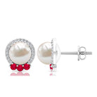 Freshwater Pearl and Ruby Stud Earrings with Diamond Halo Freshwater Pearl - ( AAA ) - Quality - Rosec Jewels