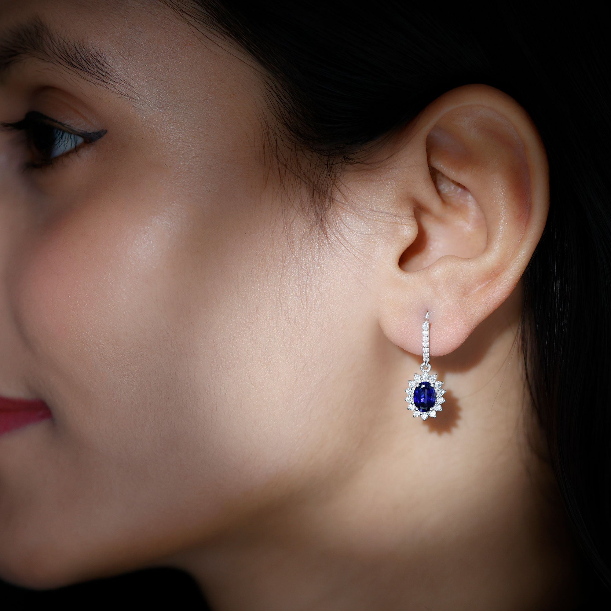 Oval Created Blue Sapphire Silver J Hoop Earrings with Moissanite Halo - Rosec Jewels