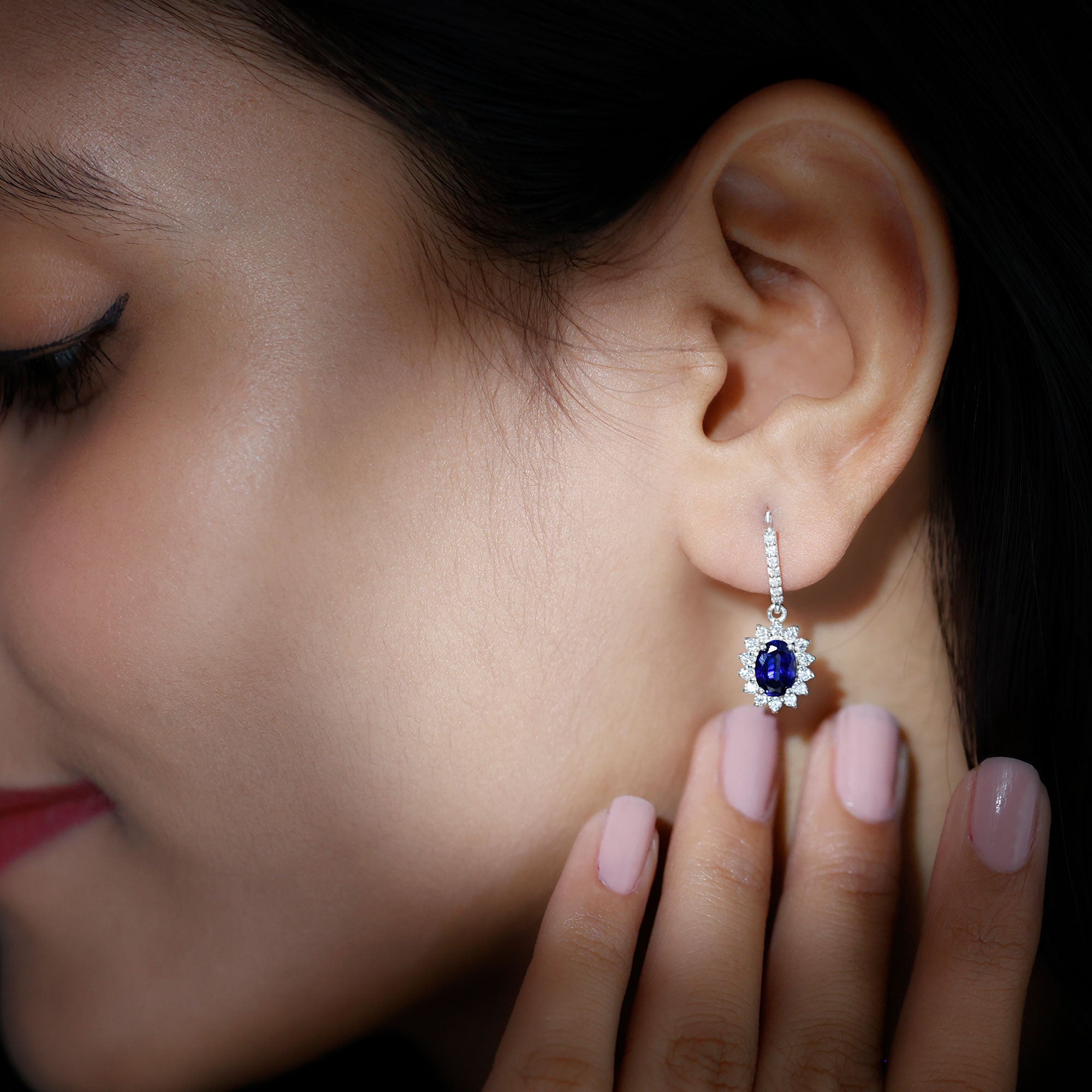 Oval Created Blue Sapphire Silver J Hoop Earrings with Moissanite Halo - Rosec Jewels