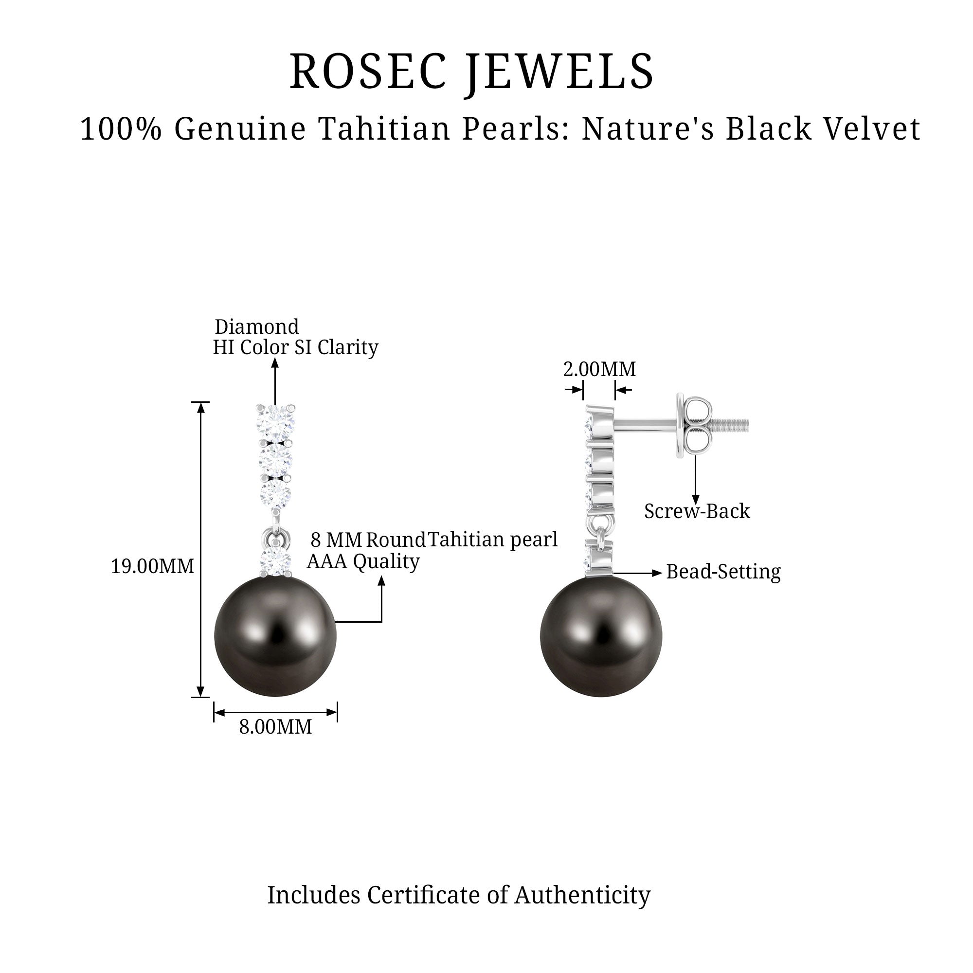 Diamond Bar and Tahitian Pearl Drop Earrings Tahitian pearl - ( AAA ) - Quality - Rosec Jewels