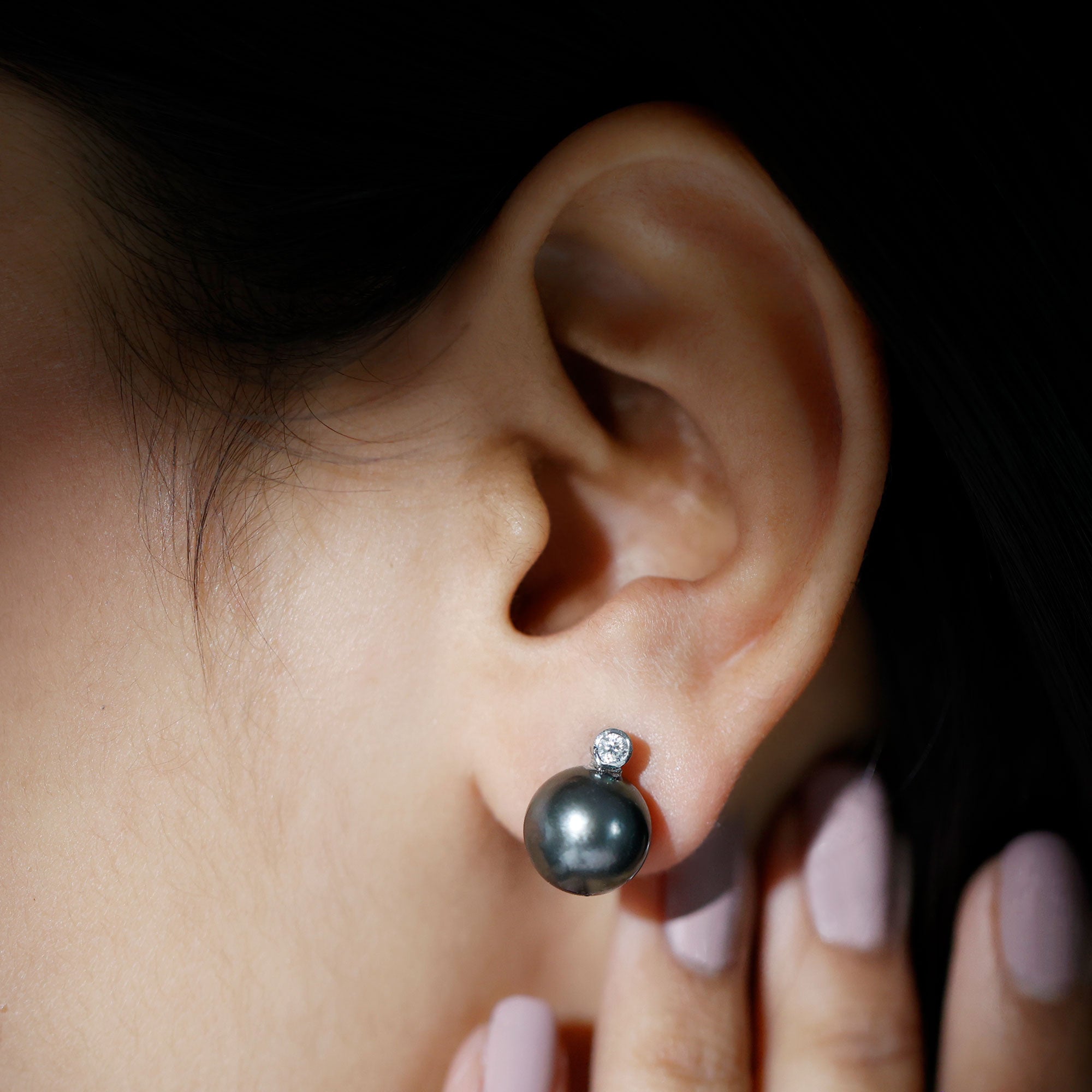 Tahitian Pearl Stud Earrings with Bead Set Moissanite Tahitian pearl - ( AAA ) - Quality - Rosec Jewels