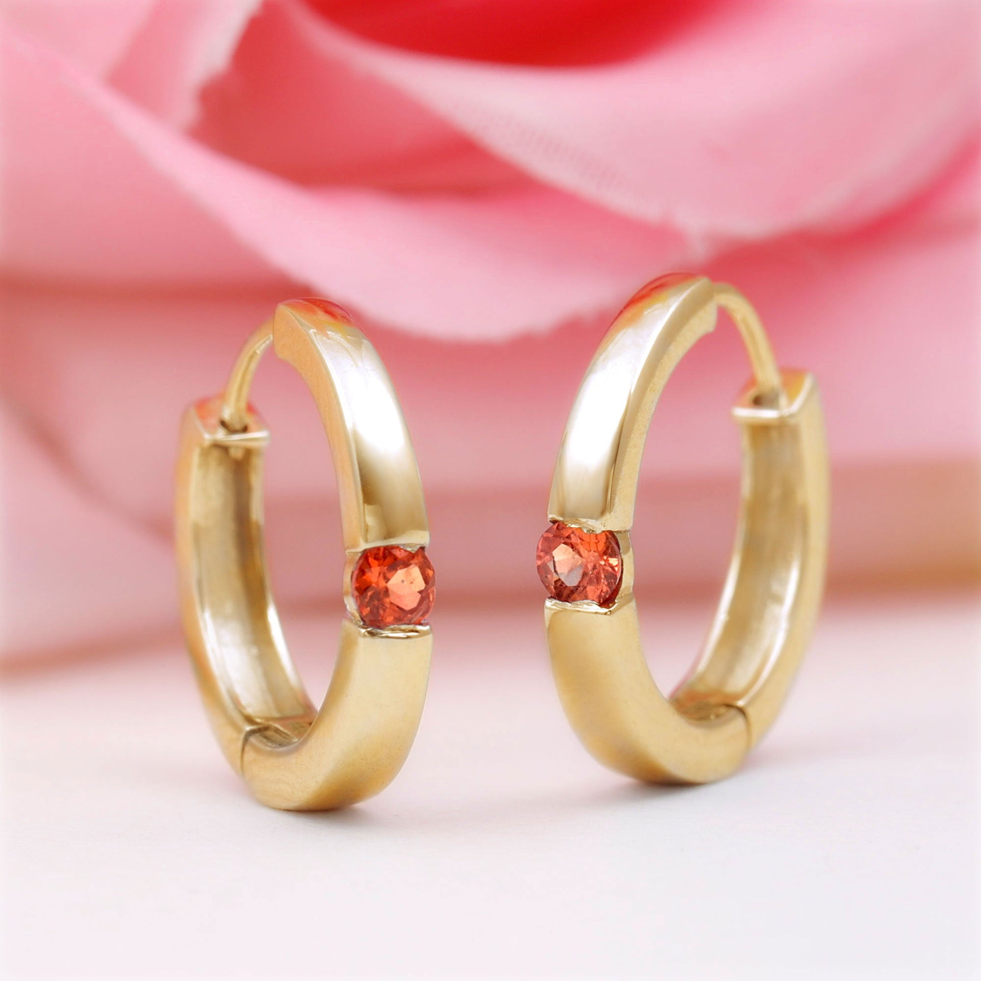 Minimal Orange Sapphire Hinged Hoop Earrings in Tension Mount Setting Orange Sapphire - ( AAA ) - Quality - Rosec Jewels