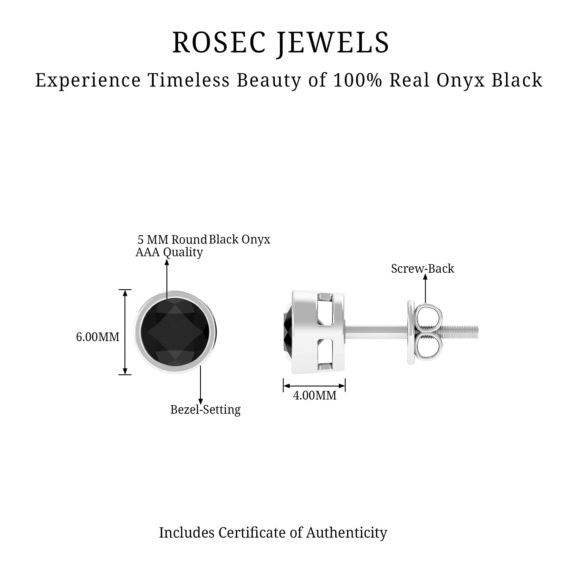 Black Onyx Solitaire Stud Earrings in Bezel Setting Black Onyx - ( AAA ) - Quality - Rosec Jewels