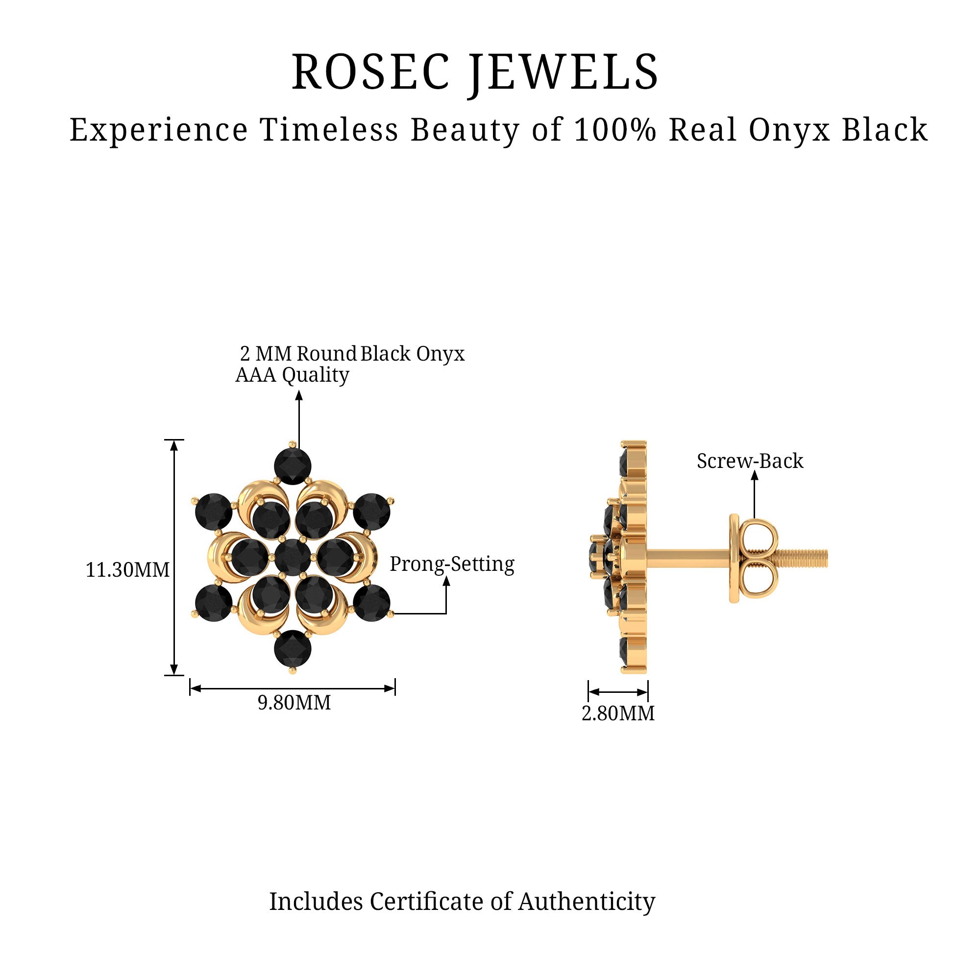 1/2 CT Black Onyx Statement Snowflake Stud Earrings Black Onyx - ( AAA ) - Quality - Rosec Jewels