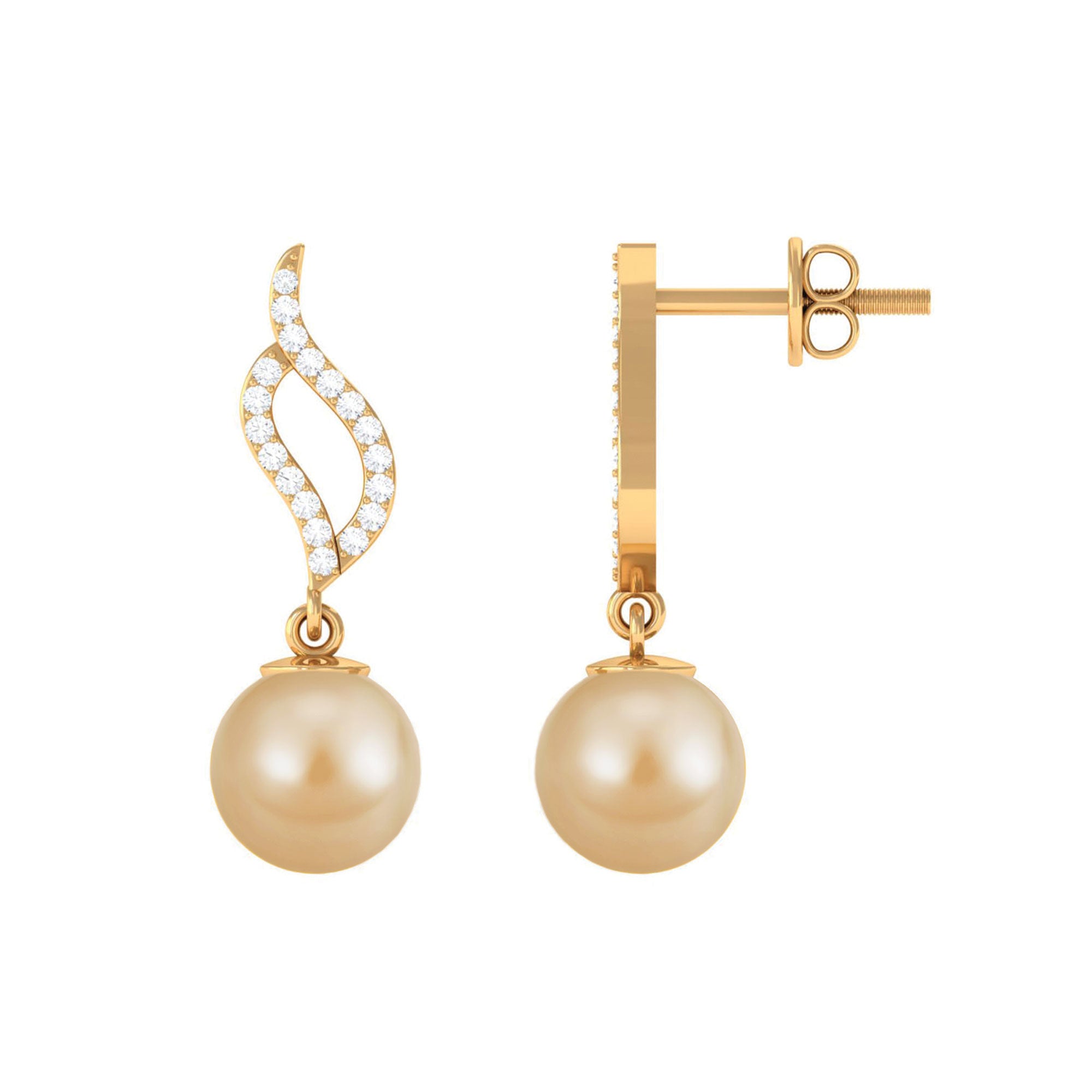 7 MM Elegant South Sea Pearl and Diamond Drop Earrings South Sea Pearl - ( AAA ) - Quality - Rosec Jewels