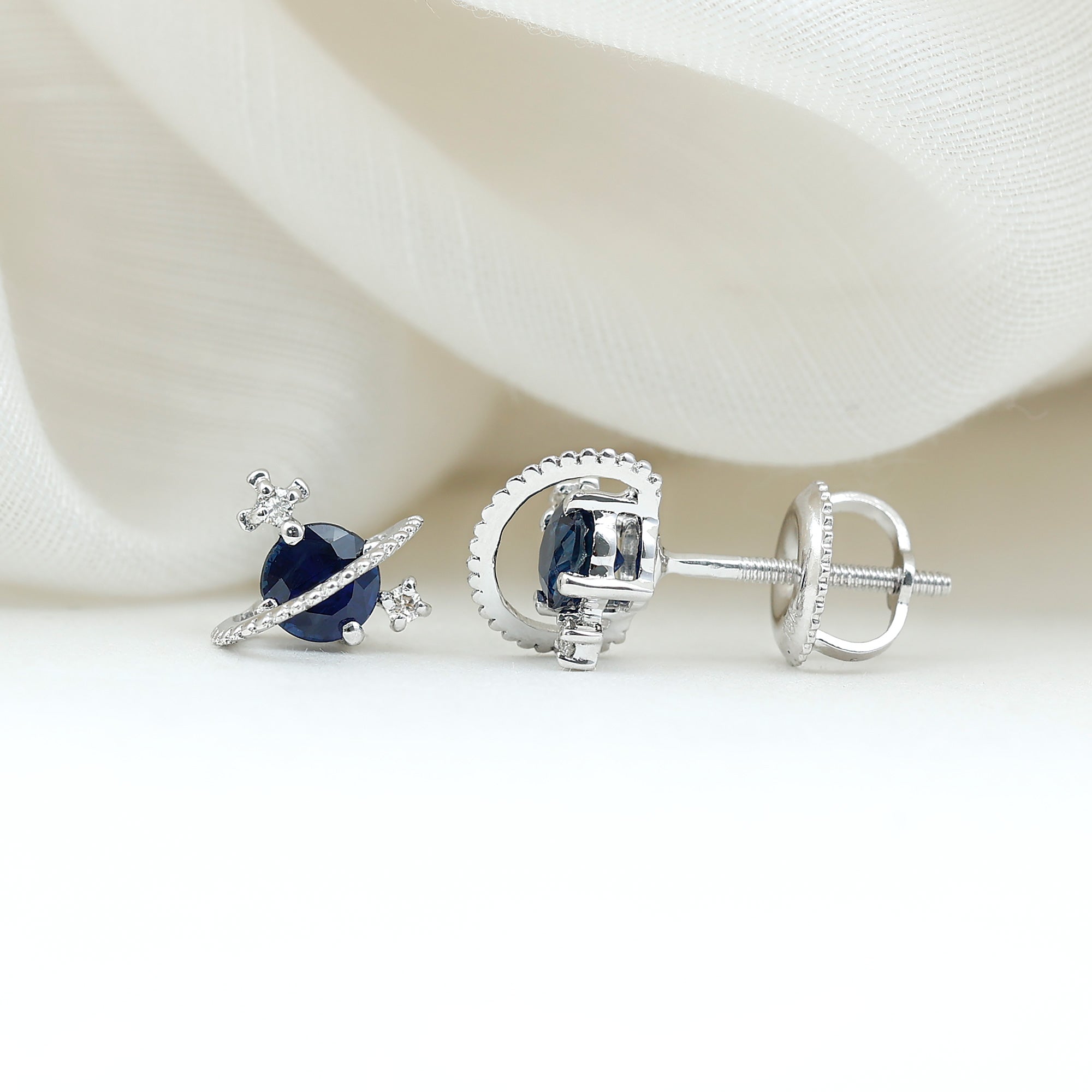 Blue Sapphire and Diamond Celestial Stud Earrings Blue Sapphire - ( AAA ) - Quality - Rosec Jewels