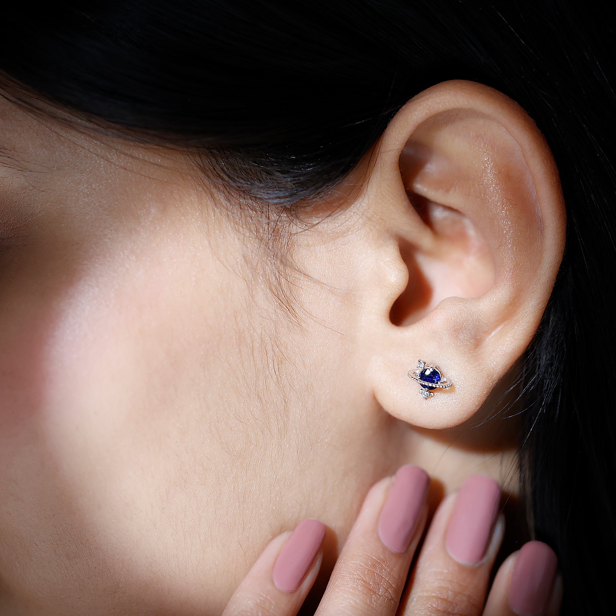 Blue Sapphire and Diamond Celestial Stud Earrings Blue Sapphire - ( AAA ) - Quality - Rosec Jewels