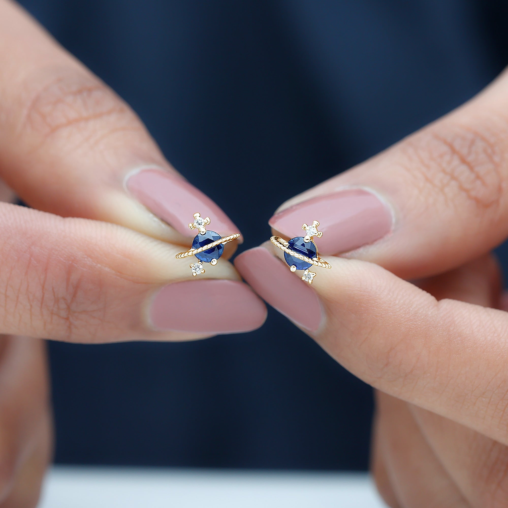 Blue Sapphire and Diamond Celestial Stud Earrings Blue Sapphire - ( AAA ) - Quality - Rosec Jewels