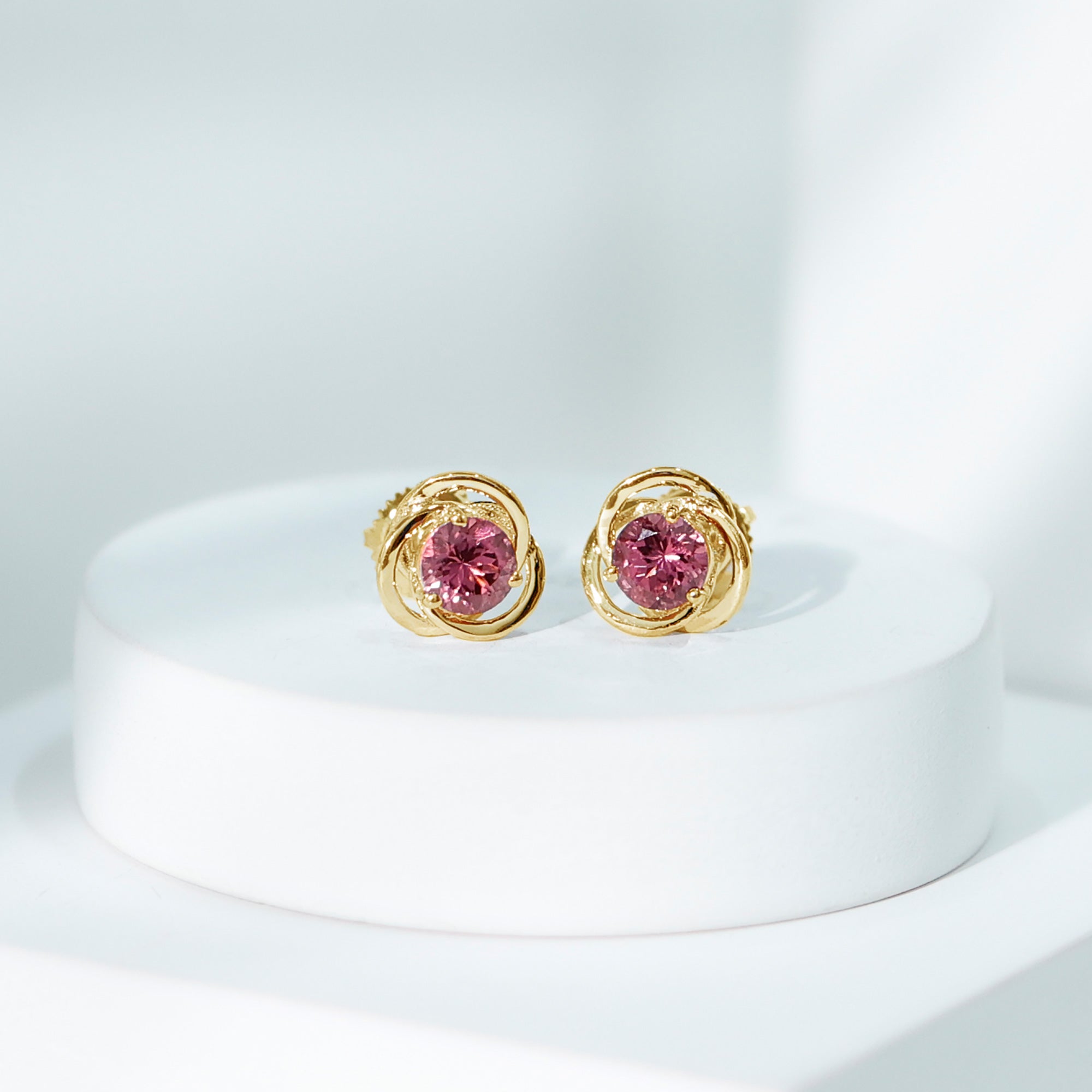 1 CT Solitaire Pink Tourmaline and Gold Swirl Stud Earrings Pink Tourmaline - ( AAA ) - Quality - Rosec Jewels