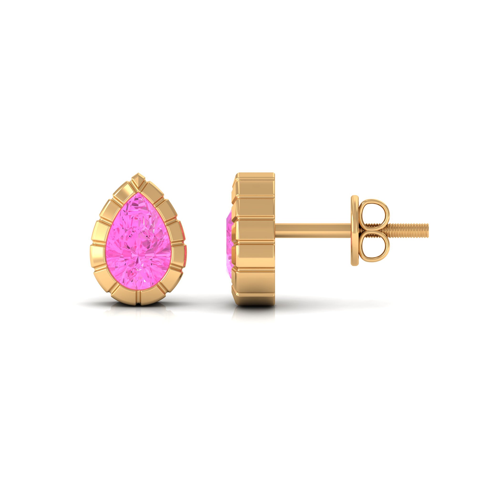 Engraved Bezel Set Pear Cut Pink Sapphire Solitaire Stud Earrings Pink Sapphire - ( AAA ) - Quality - Rosec Jewels