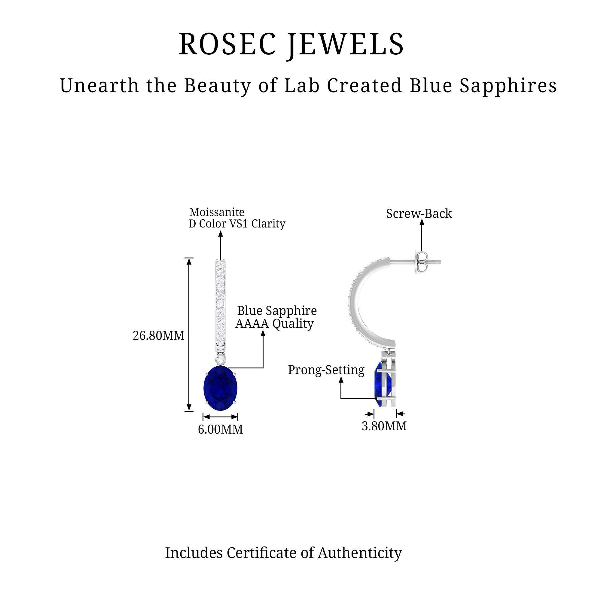 Oval Created Blue Sapphire Silver Hoop Drop Earrings with Moissanite Lab Created Blue Sapphire - ( AAAA ) - Quality 92.5 Sterling Silver - Rosec Jewels