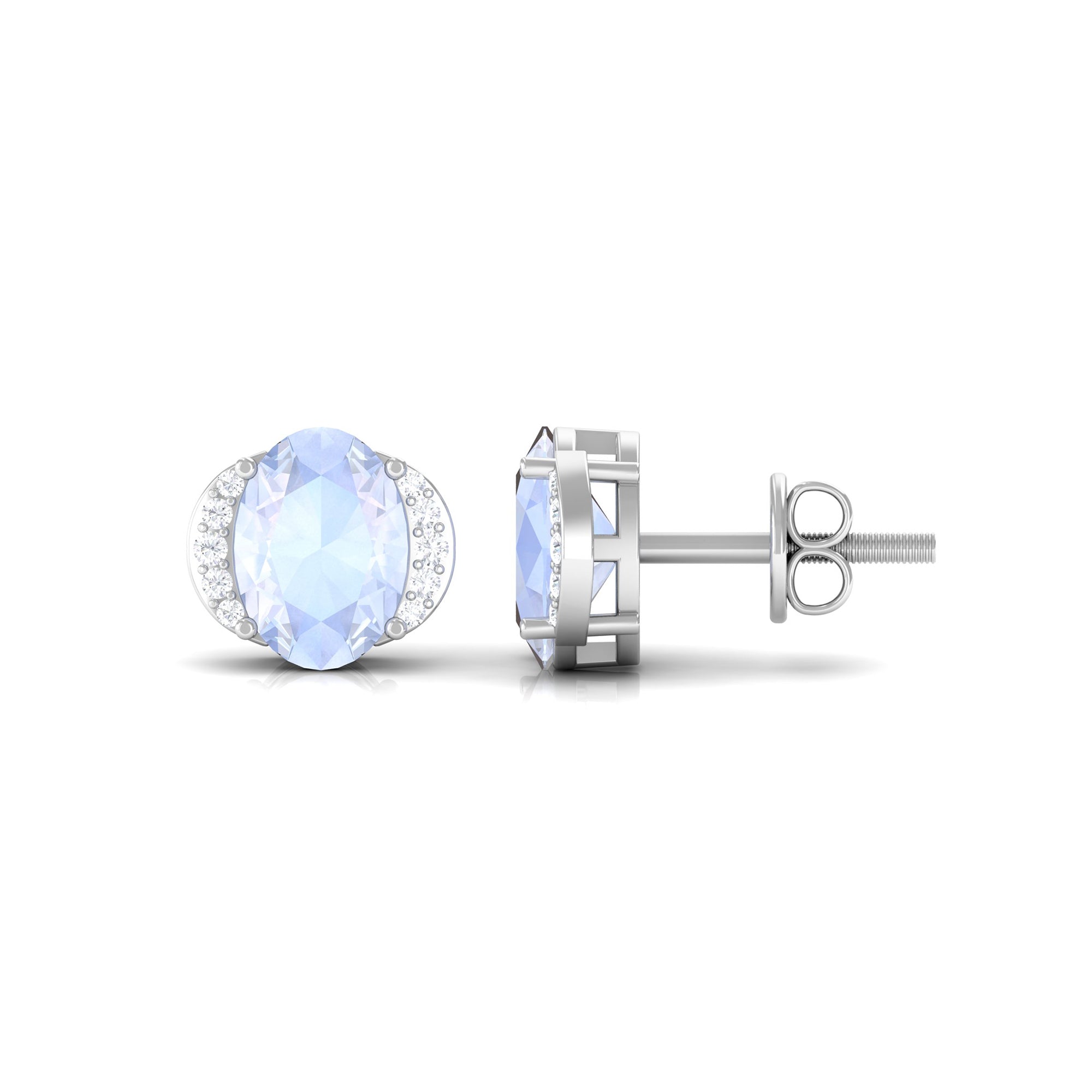 Oval Moonstone Minimal Solitaire Stud Earrings with Diamond Moonstone - ( AAA ) - Quality - Rosec Jewels