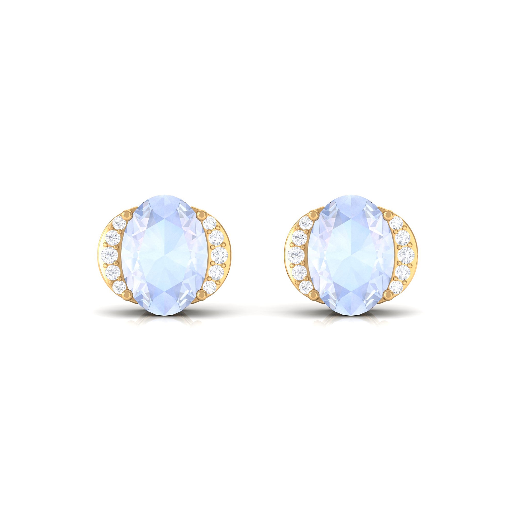 Oval Moonstone Minimal Solitaire Stud Earrings with Diamond Moonstone - ( AAA ) - Quality - Rosec Jewels