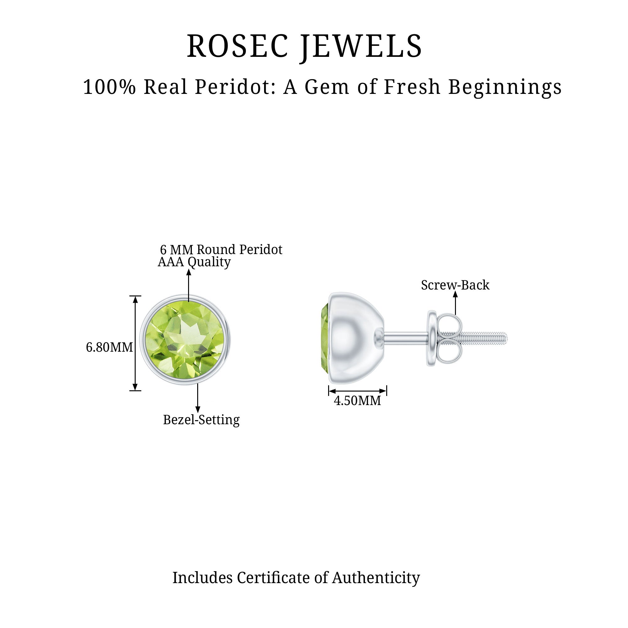 Bezel Set Round Peridot Solitaire Stud Earrings Peridot - ( AAA ) - Quality - Rosec Jewels