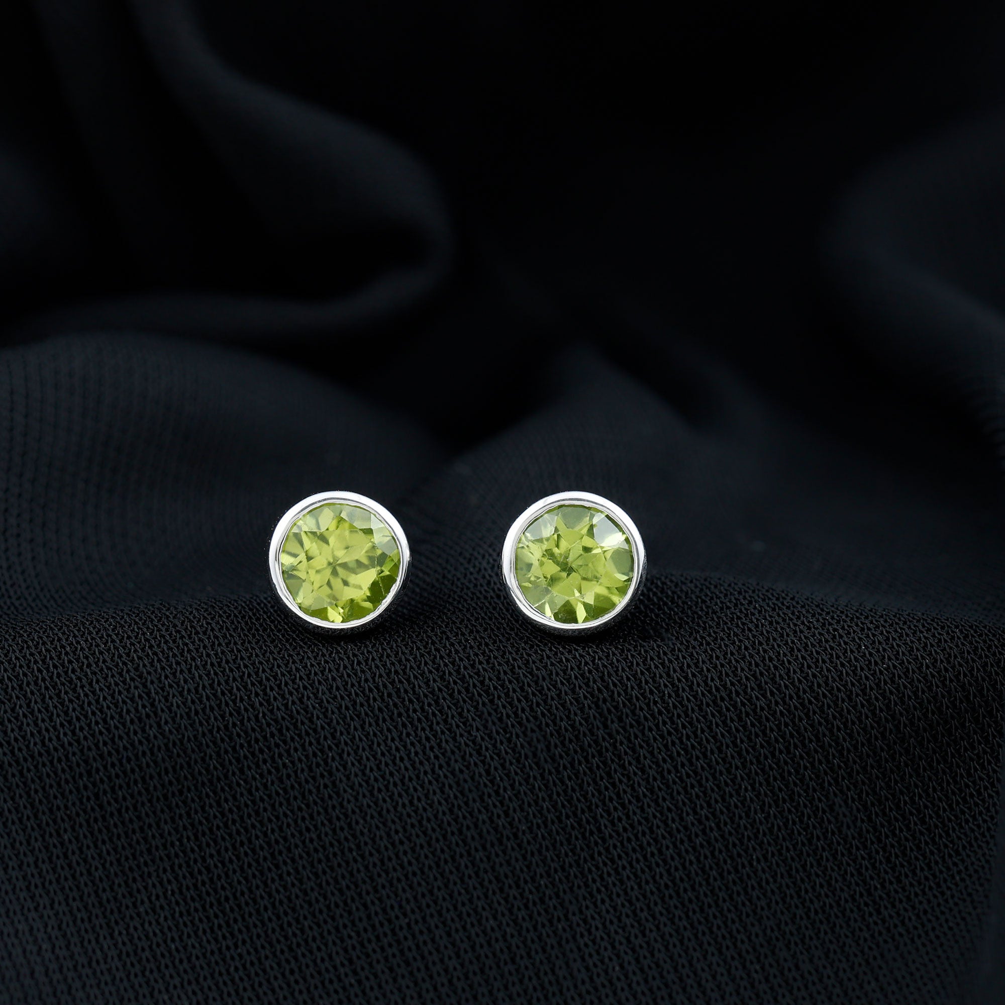 Bezel Set Round Peridot Solitaire Stud Earrings Peridot - ( AAA ) - Quality - Rosec Jewels