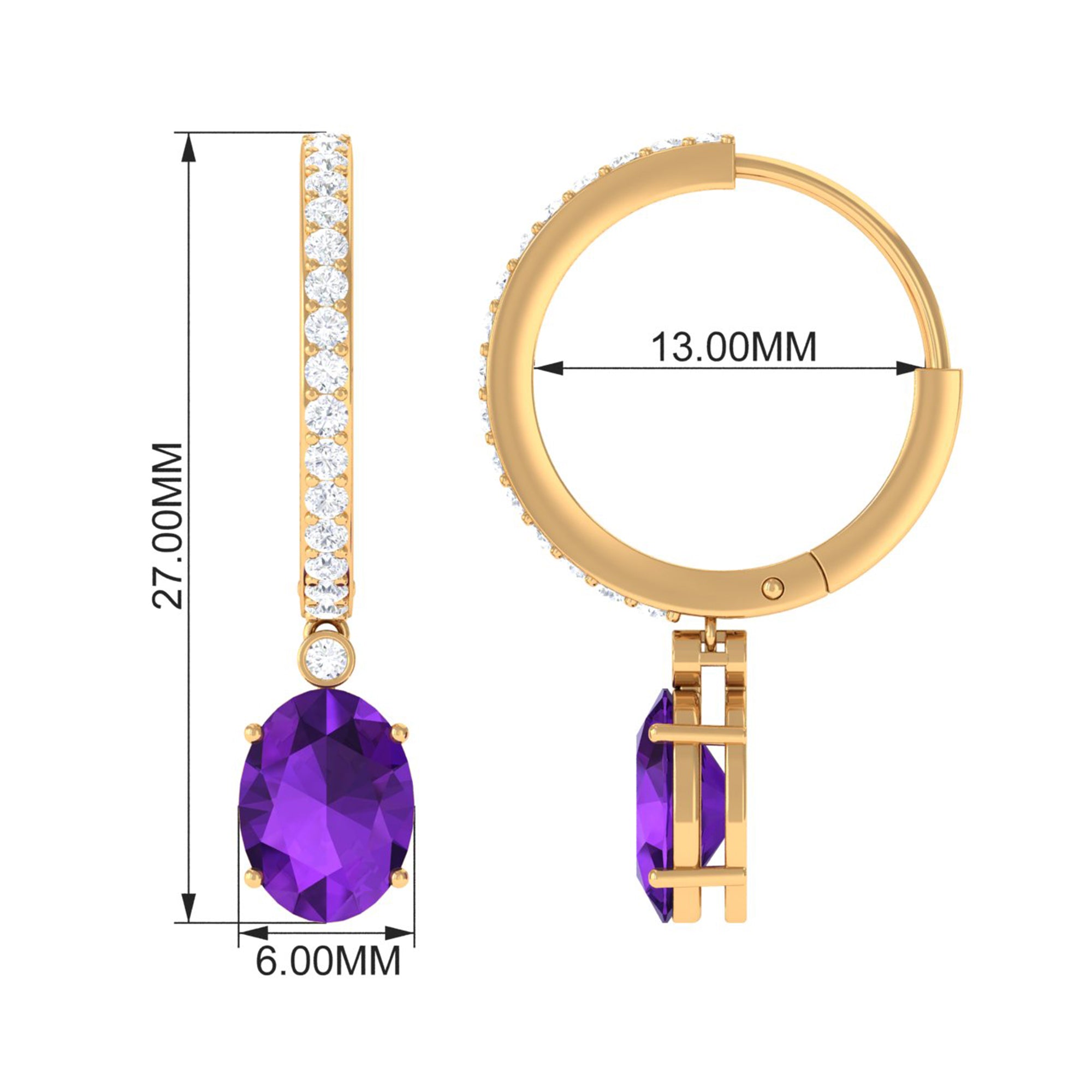 Oval Amethyst Hinged Hoop Drop Earrings with Diamond Amethyst - ( AAA ) - Quality - Rosec Jewels