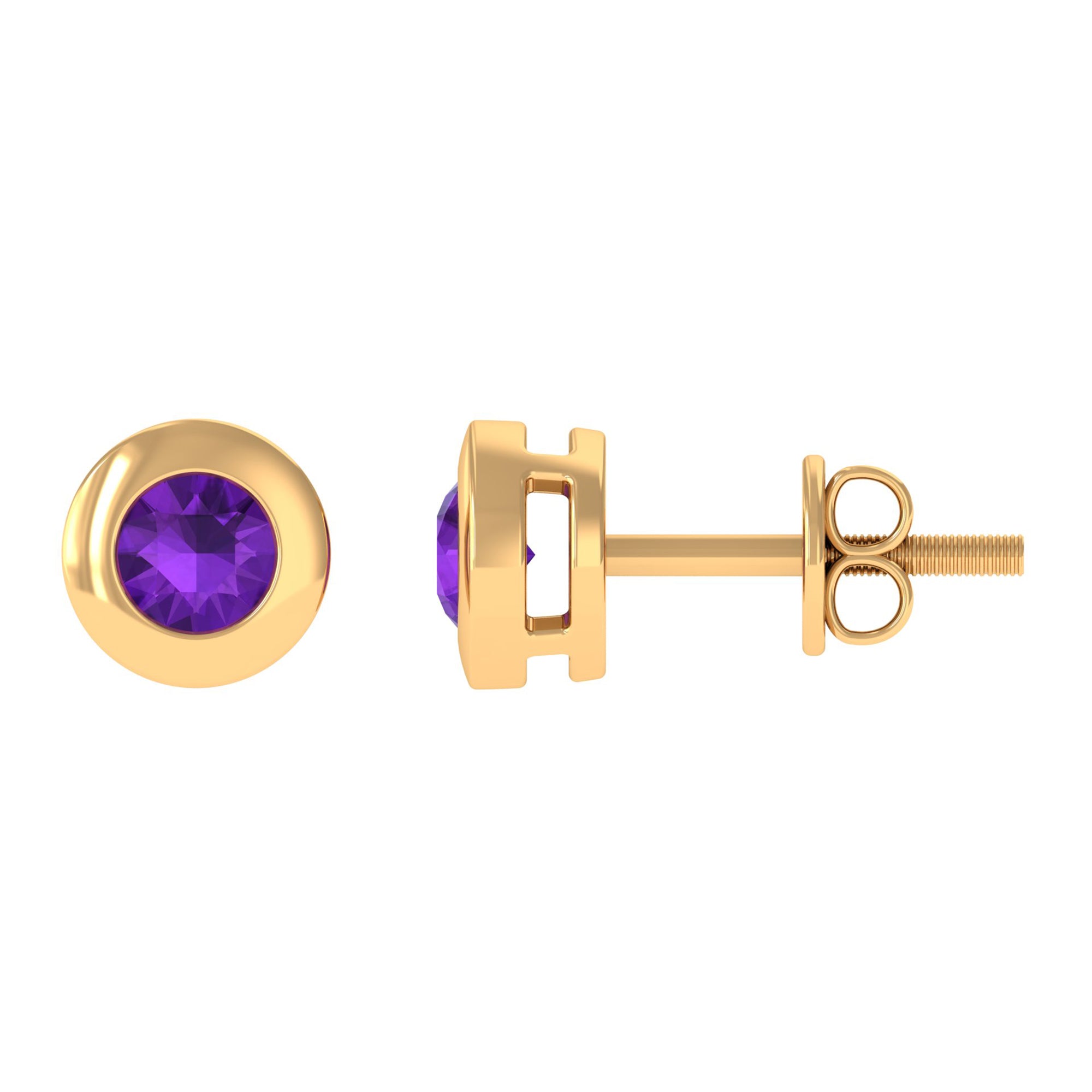 Genuine Violet Amethyst Solitaire Stud Earrings in Bezel Setting Amethyst - ( AAA ) - Quality - Rosec Jewels