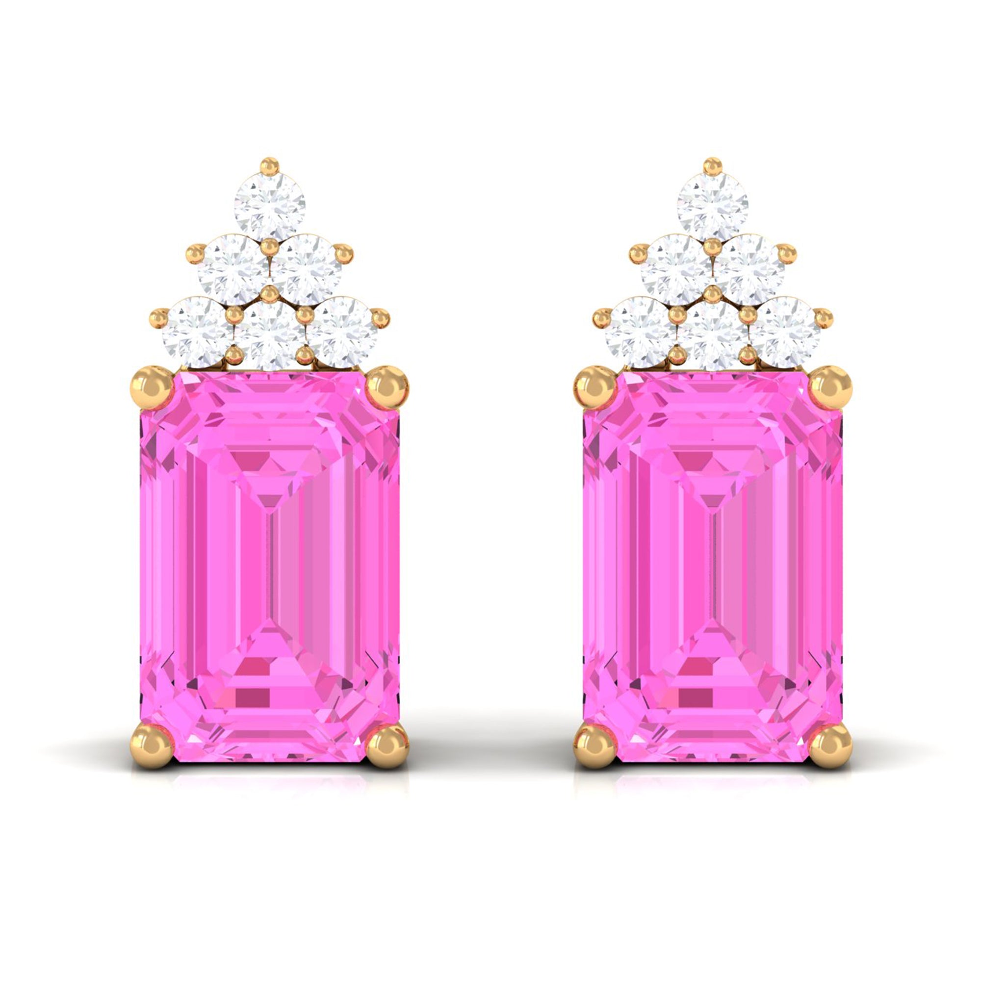 Emerald Cut Pink Sapphire Stud Earrings with Diamond Cluster Pink Sapphire - ( AAA ) - Quality - Rosec Jewels