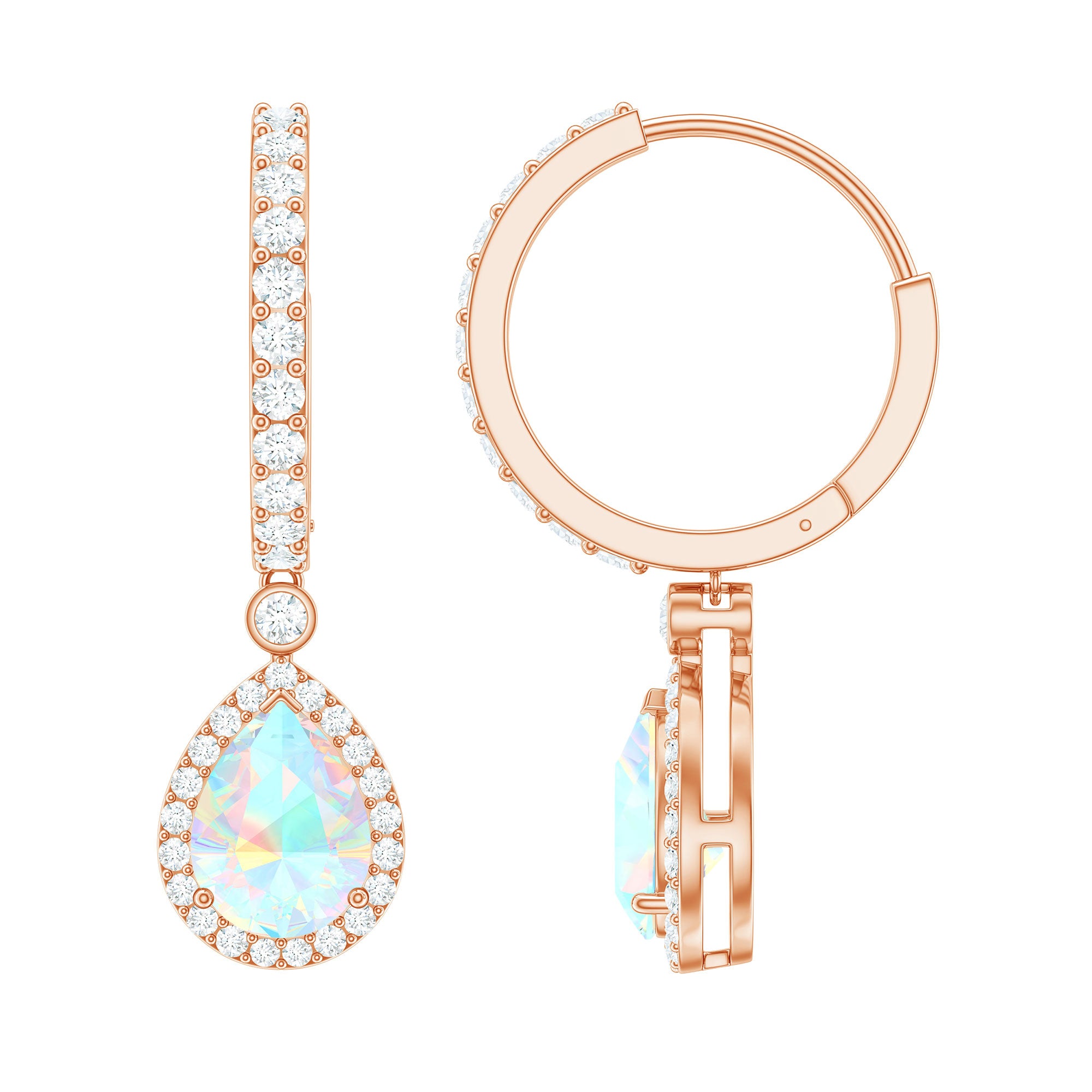 Classic Ethiopian Opal Hoop Drop Earrings with Moissanite Ethiopian Opal - ( AAA ) - Quality - Rosec Jewels