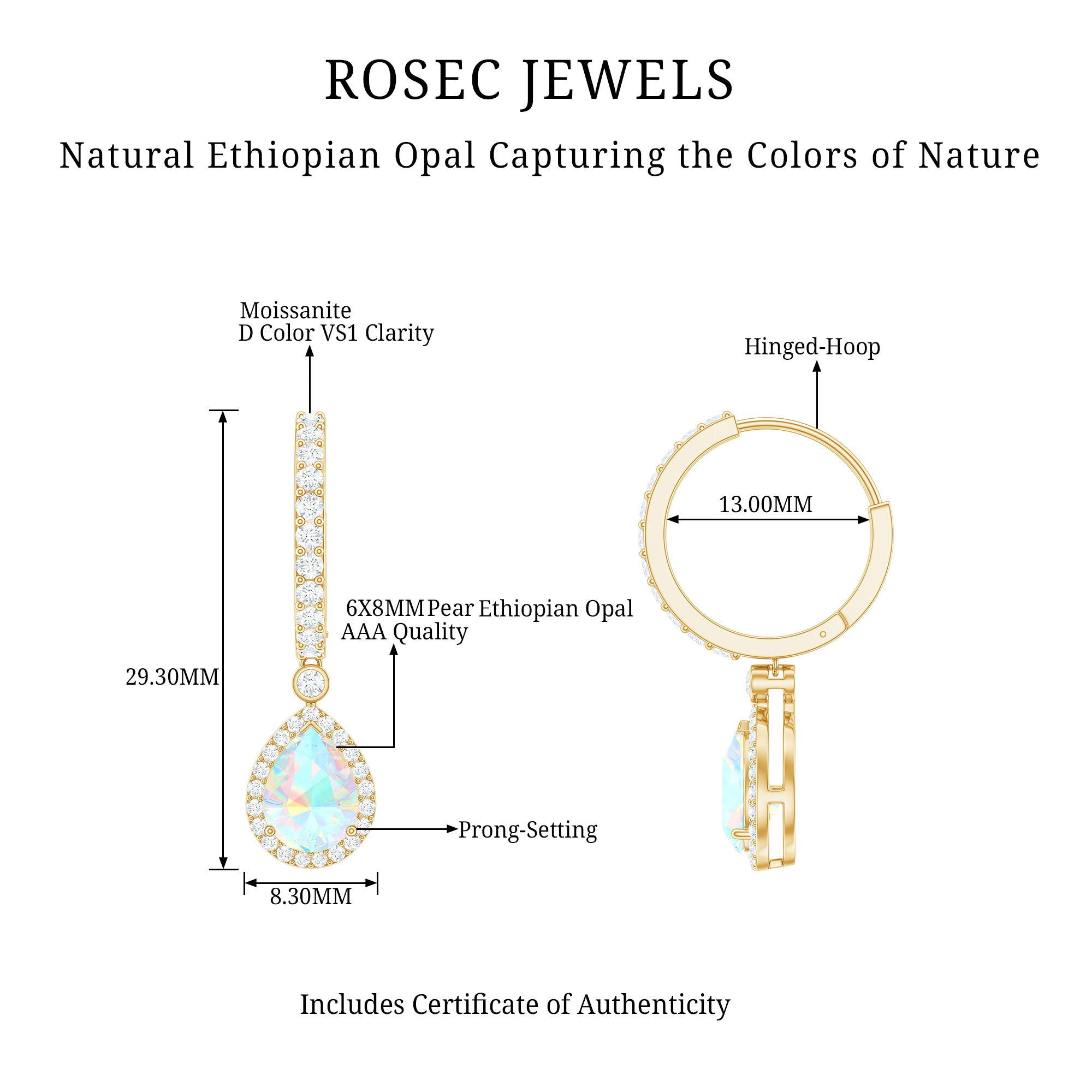 Classic Ethiopian Opal Hoop Drop Earrings with Moissanite Ethiopian Opal - ( AAA ) - Quality - Rosec Jewels