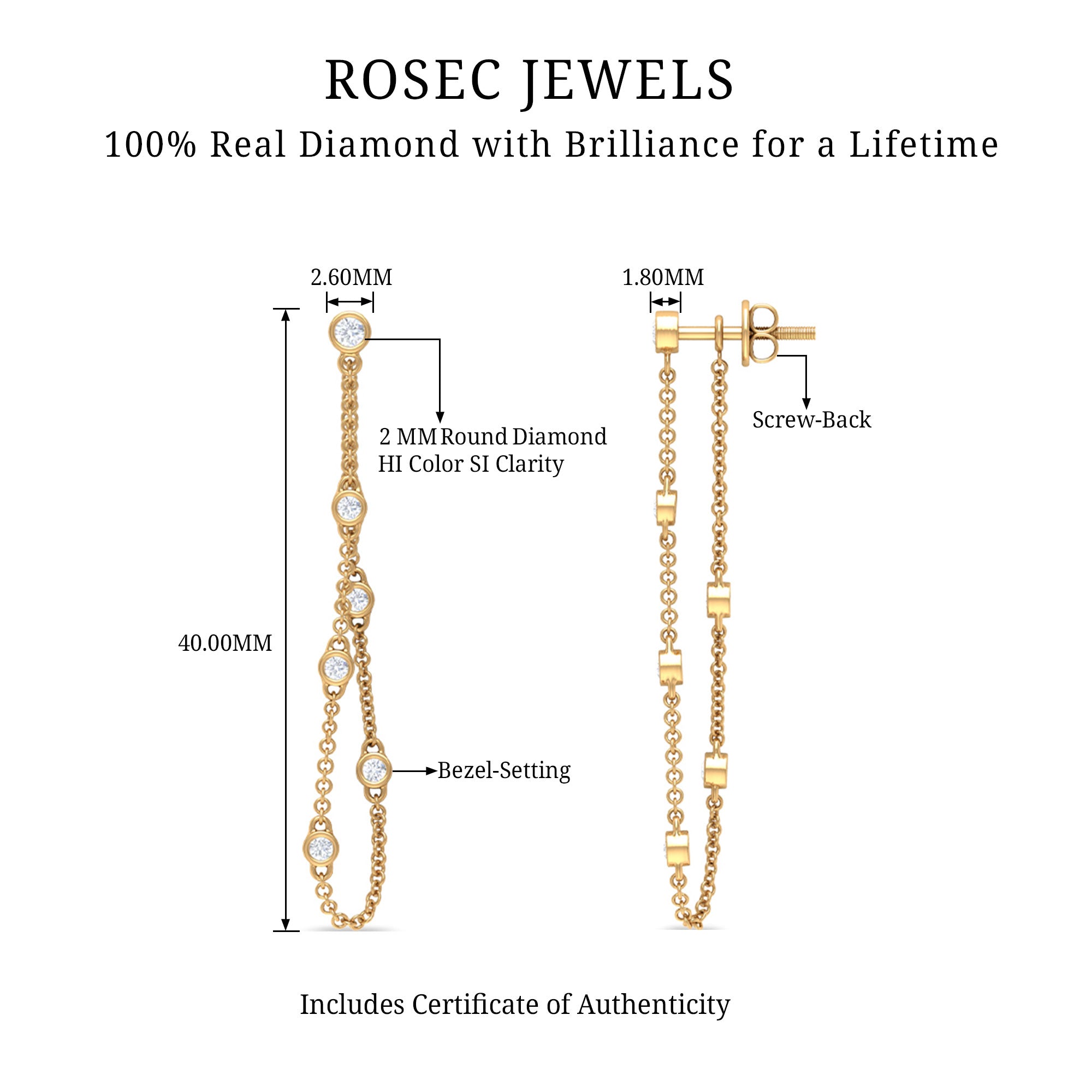 1/2 CT Bezel Set Diamond Drop Chain Earrings Diamond - ( HI-SI ) - Color and Clarity - Rosec Jewels