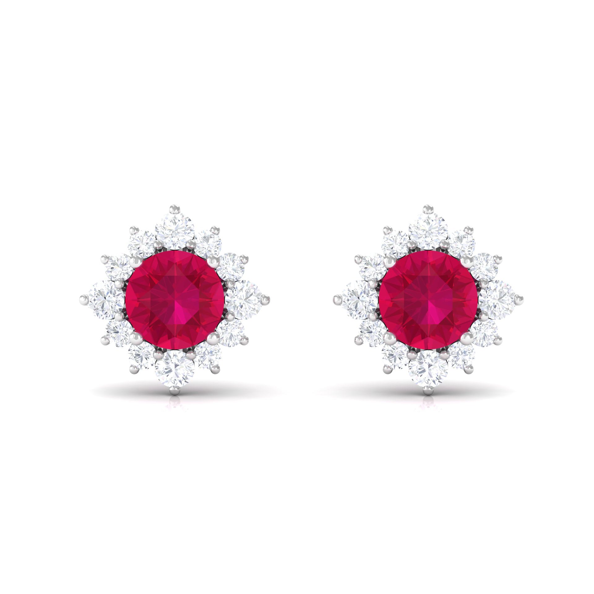 Classic Ruby Stud Earrings with Diamond Halo Ruby - ( AAA ) - Quality - Rosec Jewels