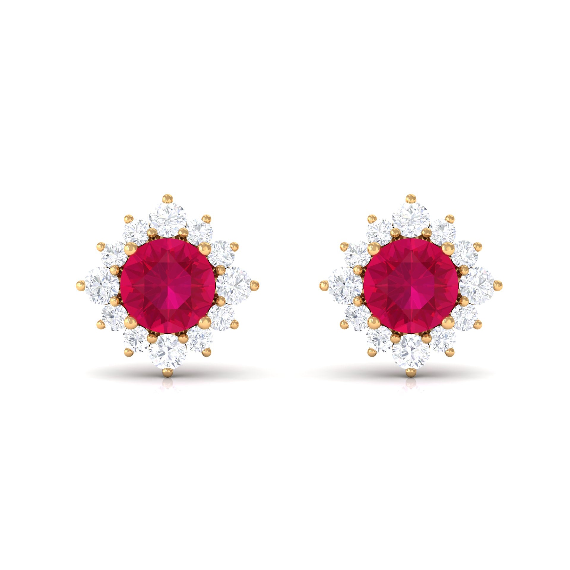 Classic Ruby Stud Earrings with Diamond Halo Ruby - ( AAA ) - Quality - Rosec Jewels