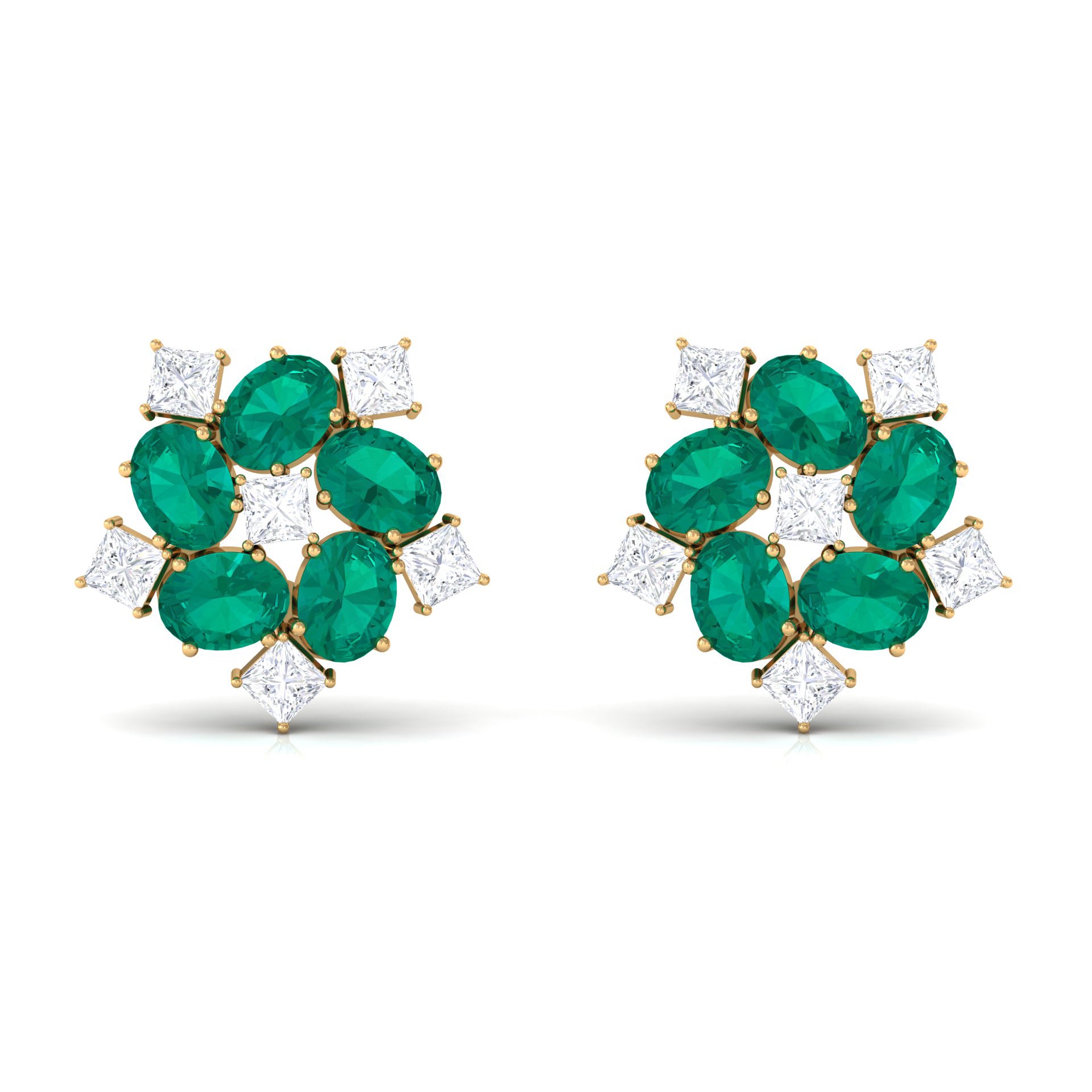 Cluster Stud Earrings with Emerald and Moissanite Emerald - ( AAA ) - Quality - Rosec Jewels