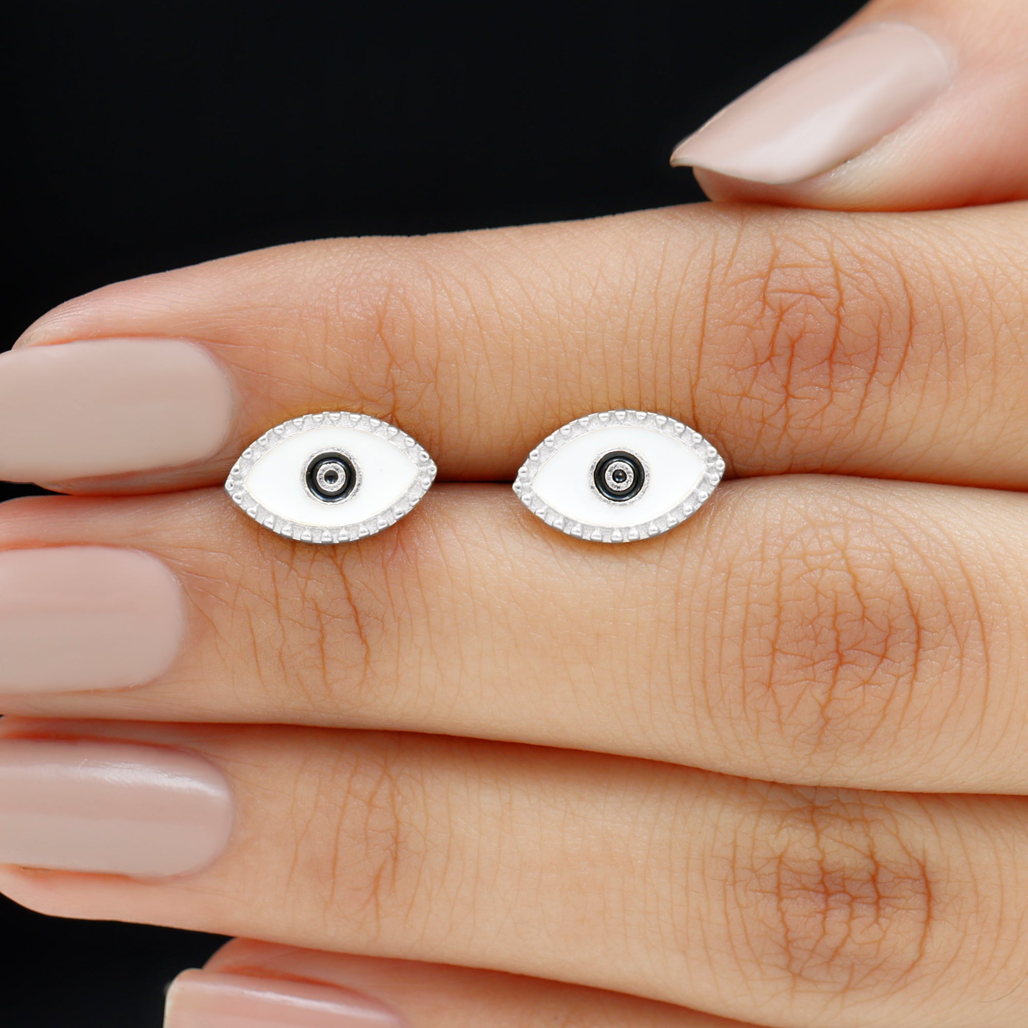 Enamel Evil Eye Gold Stud Earrings with Milgrains - Rosec Jewels