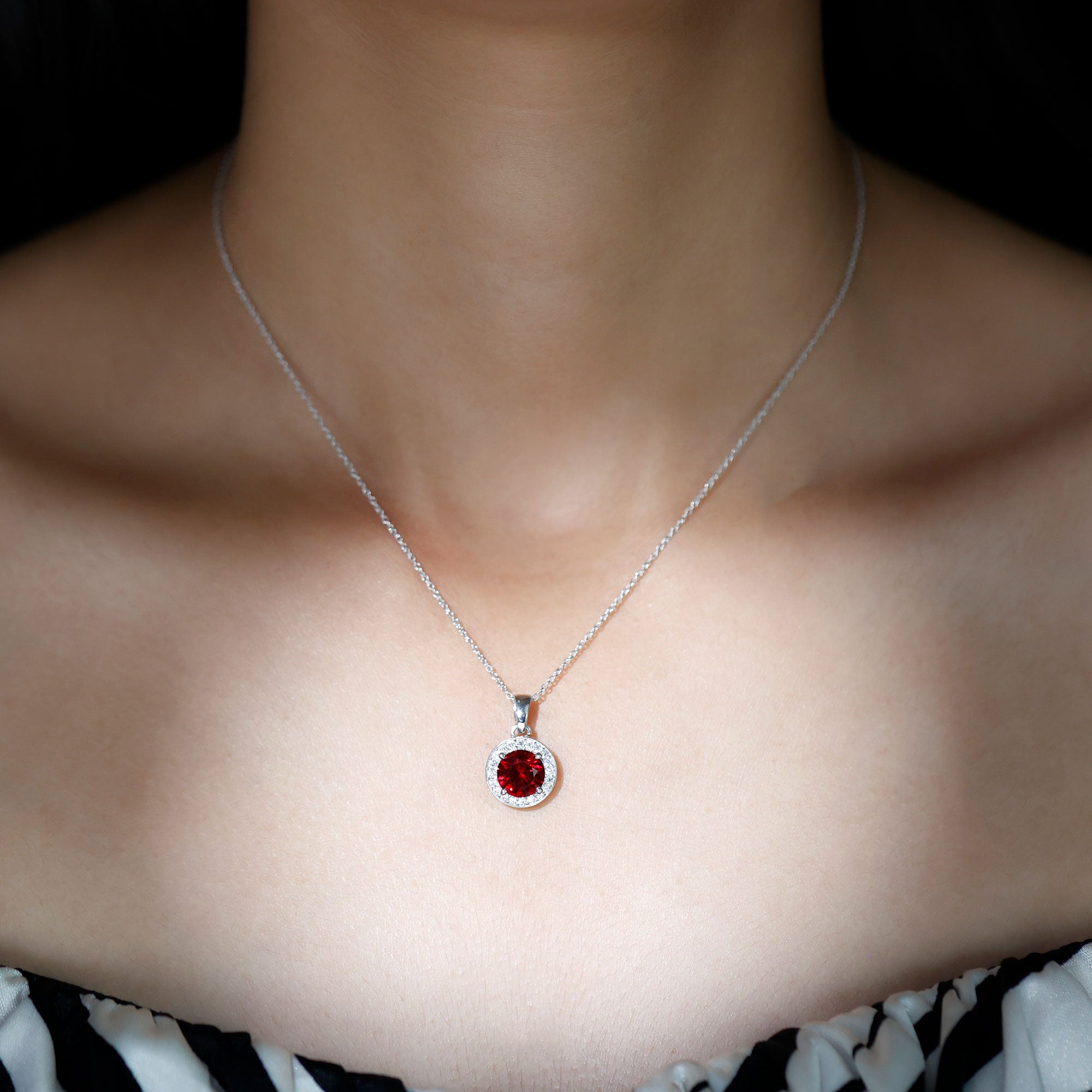 Rosec Jewels-Created Ruby and Moissanite Classic Halo Pendant