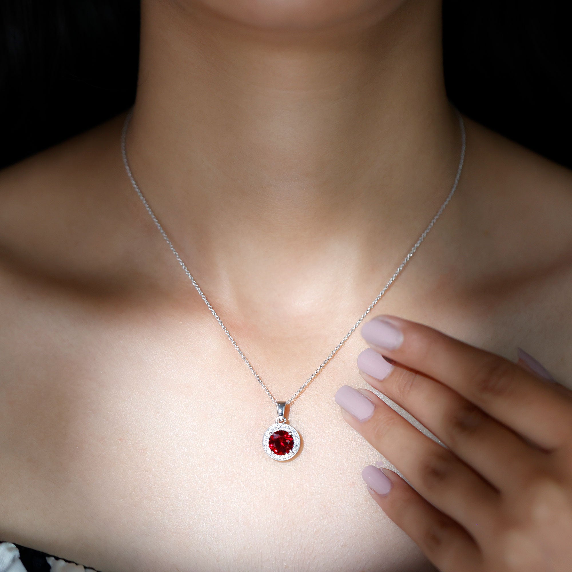 Created Ruby and Zircon Classic Halo Pendant in Silver - Rosec Jewels