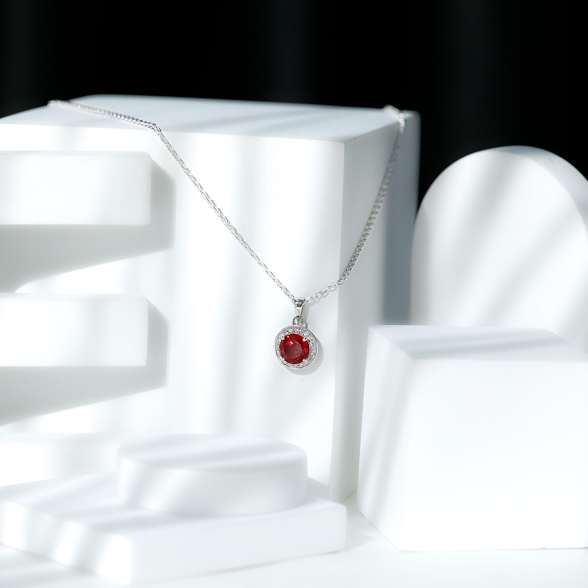 Rosec Jewels-Created Ruby and Moissanite Classic Halo Pendant