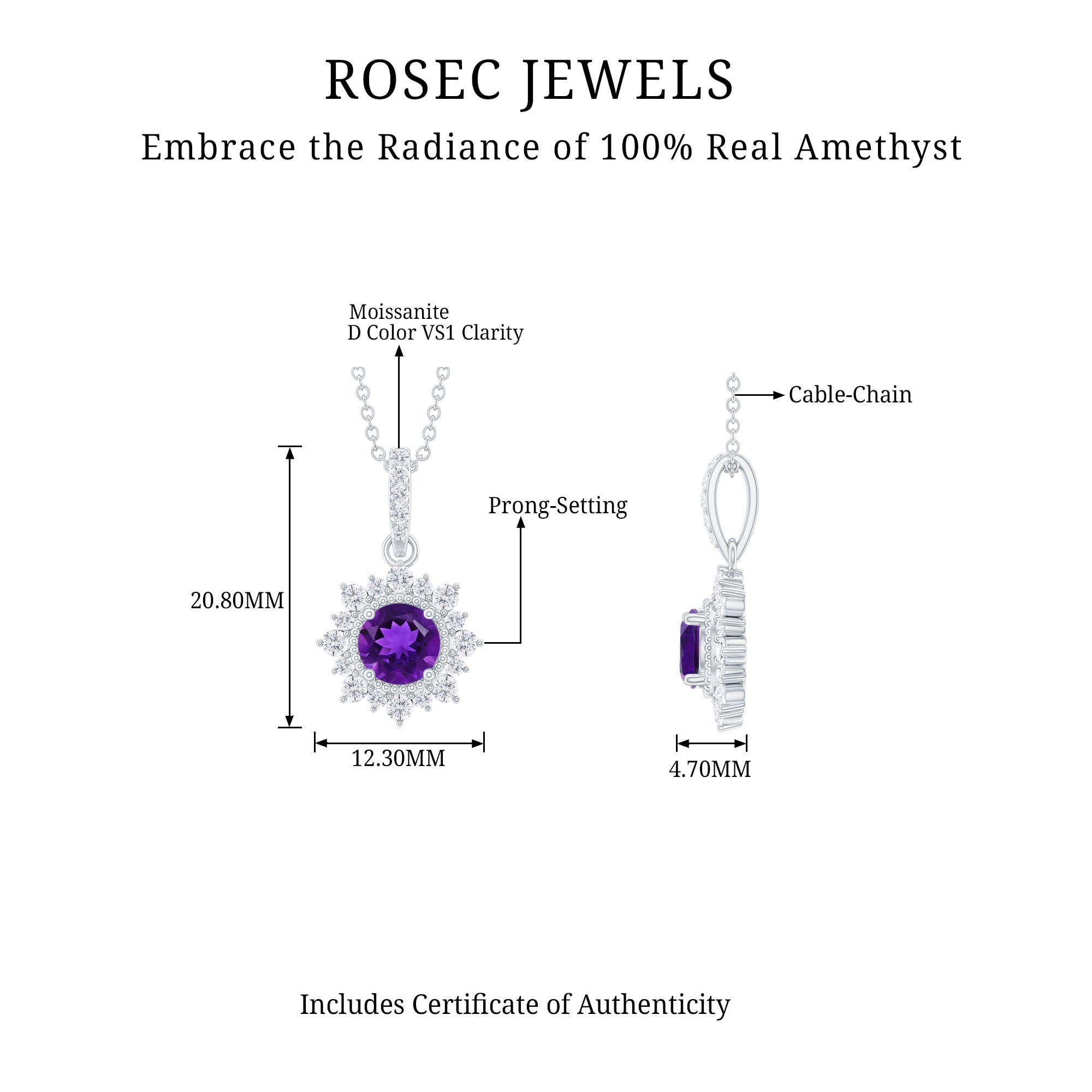 Certified Amethyst Halo Pendant Necklace Amethyst - ( AAA ) - Quality 92.5 Sterling Silver - Rosec Jewels