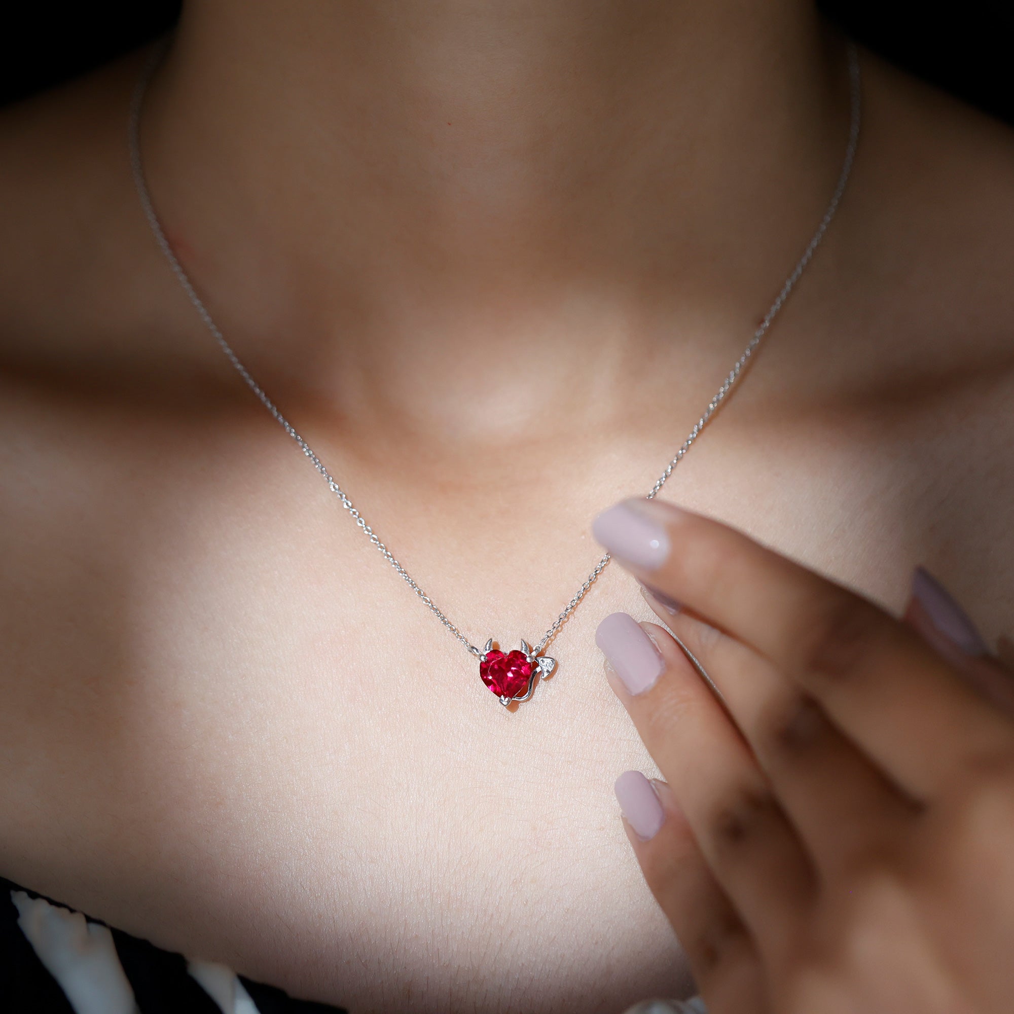 Created Ruby Devil Heart Necklace with Moissanite Lab Created Ruby - ( AAAA ) - Quality - Rosec Jewels