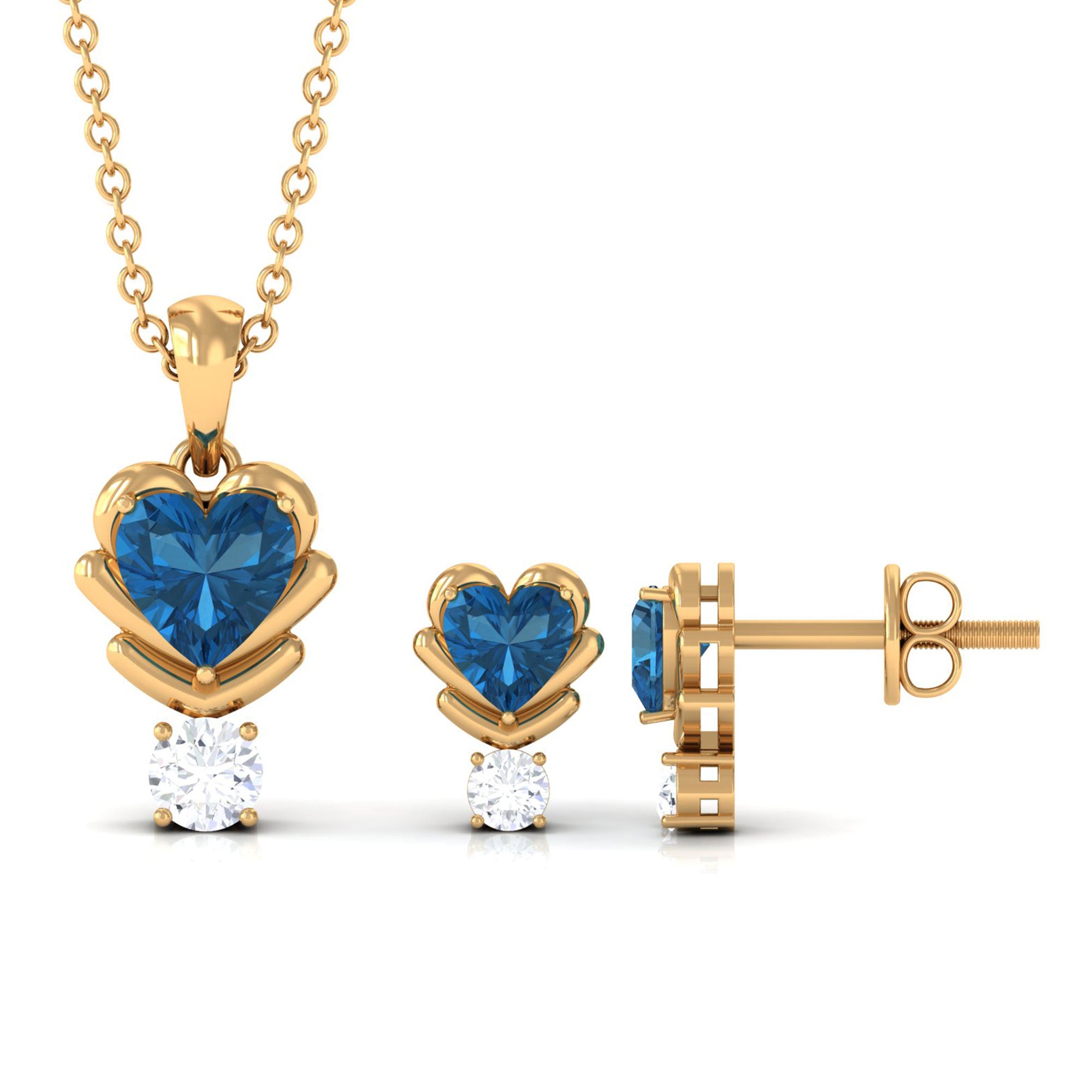 London Blue Topaz and Moissanite Minimal Heart Jewelry Set London Blue Topaz - ( AAA ) - Quality - Rosec Jewels