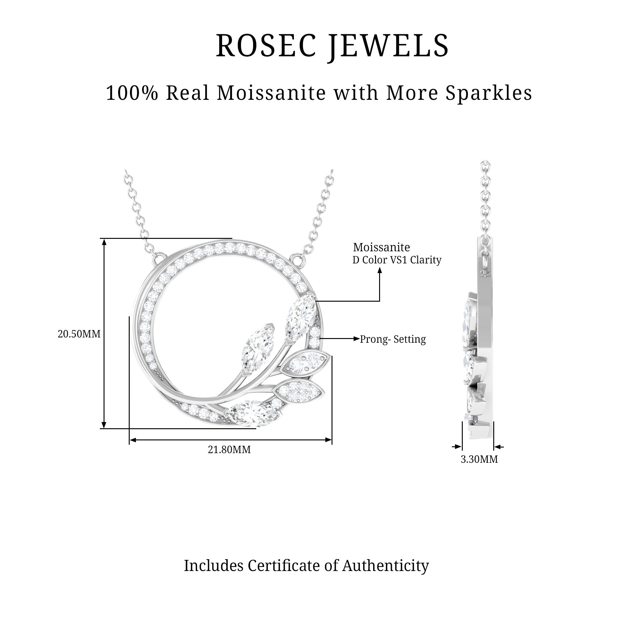 1 CT Marquise and Round Cut Moissanite Silver Leaf Eternity Necklace - Rosec Jewels