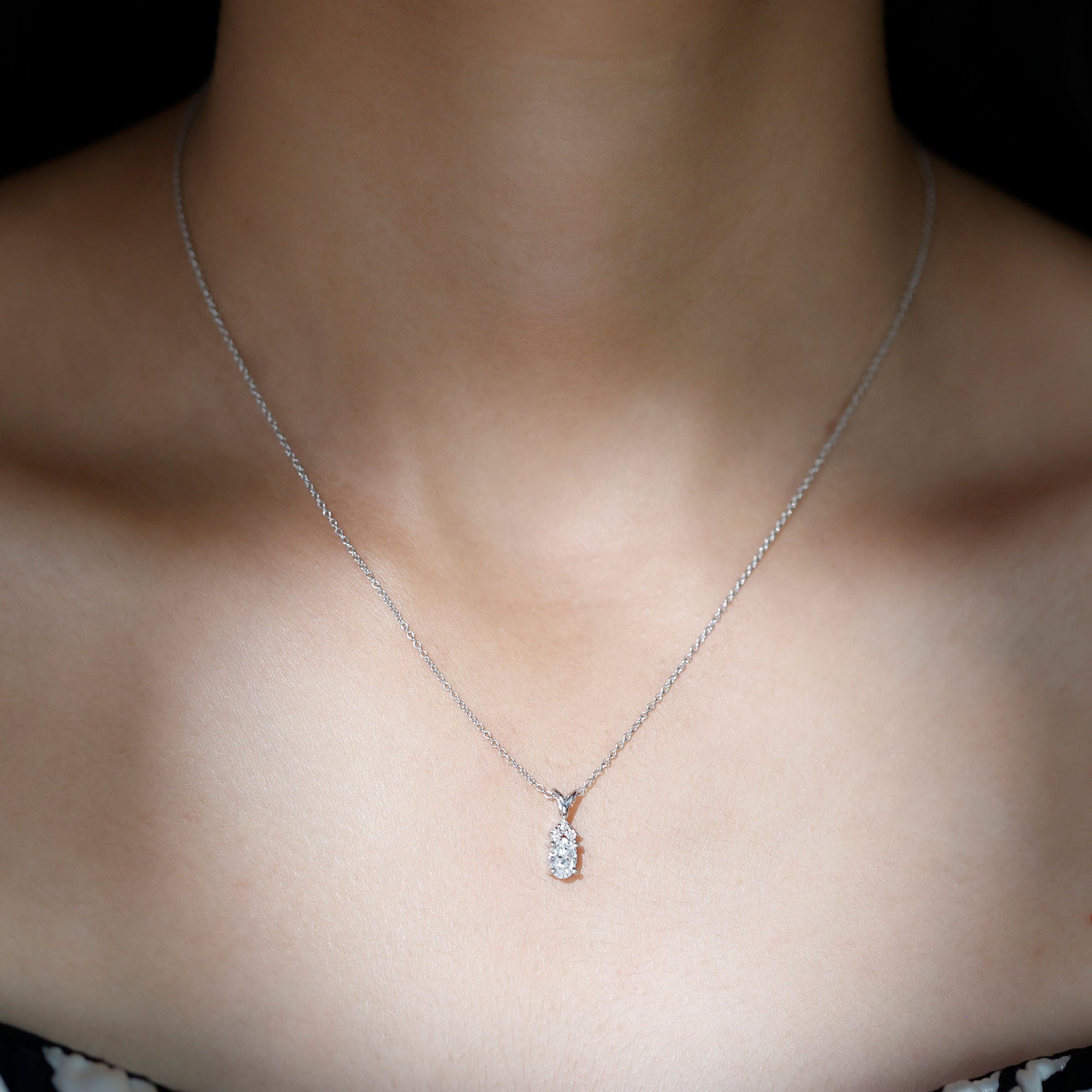 Oval and Round Cut Moissanite Minimal Solitaire Pendant Necklace in Silver - Rosec Jewels