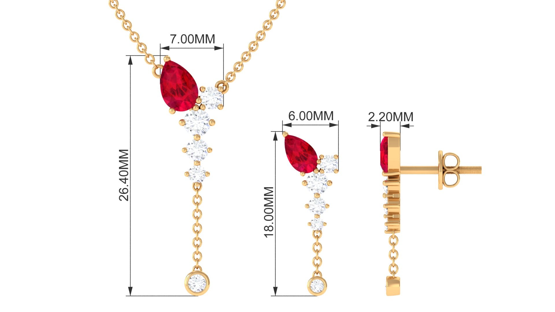 Minimal Created Ruby Dangle Necklace and Earrings Set in Gold with Moissanite Lab Created Ruby - ( AAAA ) - Quality - Rosec Jewels