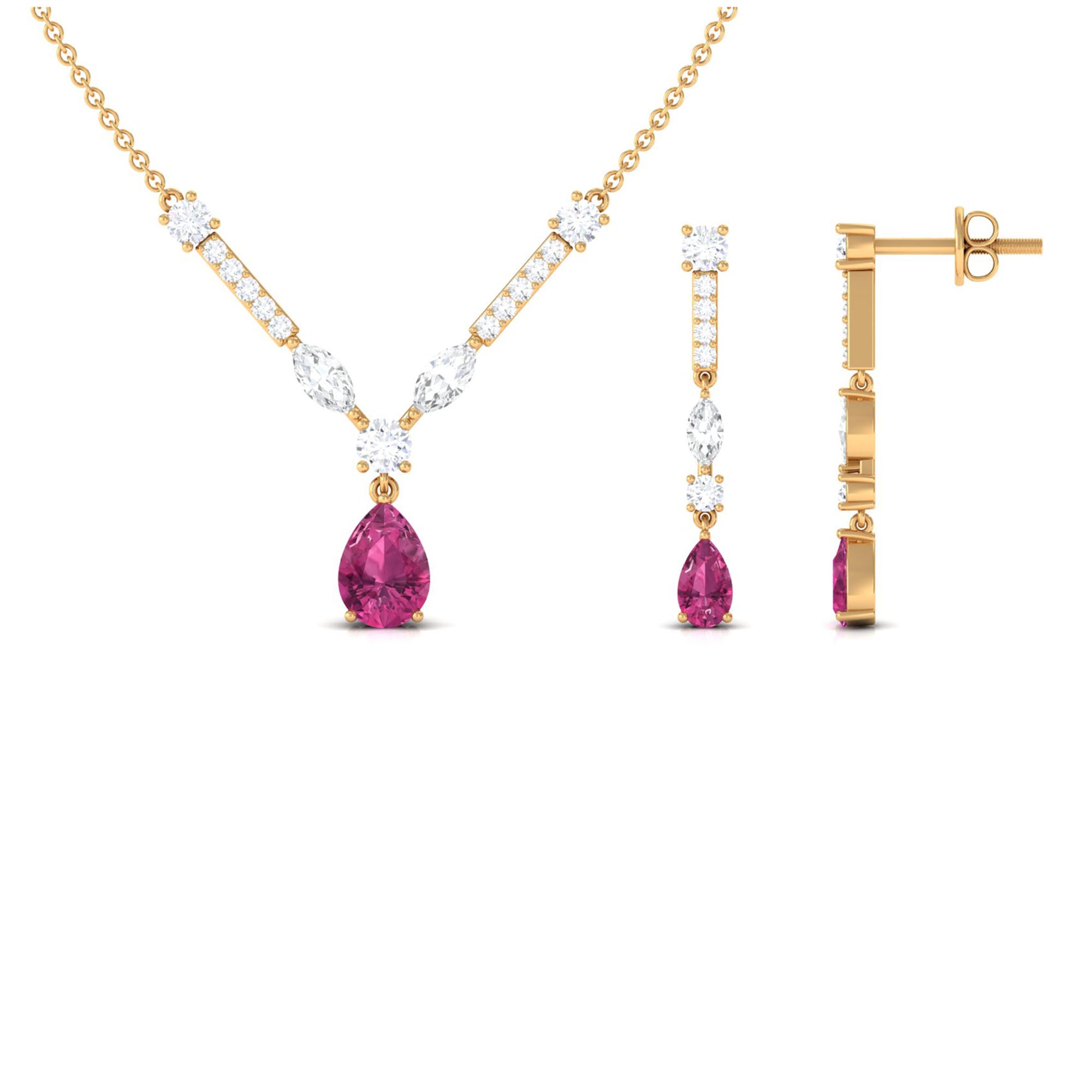 Pink Tourmaline and Moissanite Drop Necklace Earrings Set Pink Tourmaline - ( AAA ) - Quality - Rosec Jewels