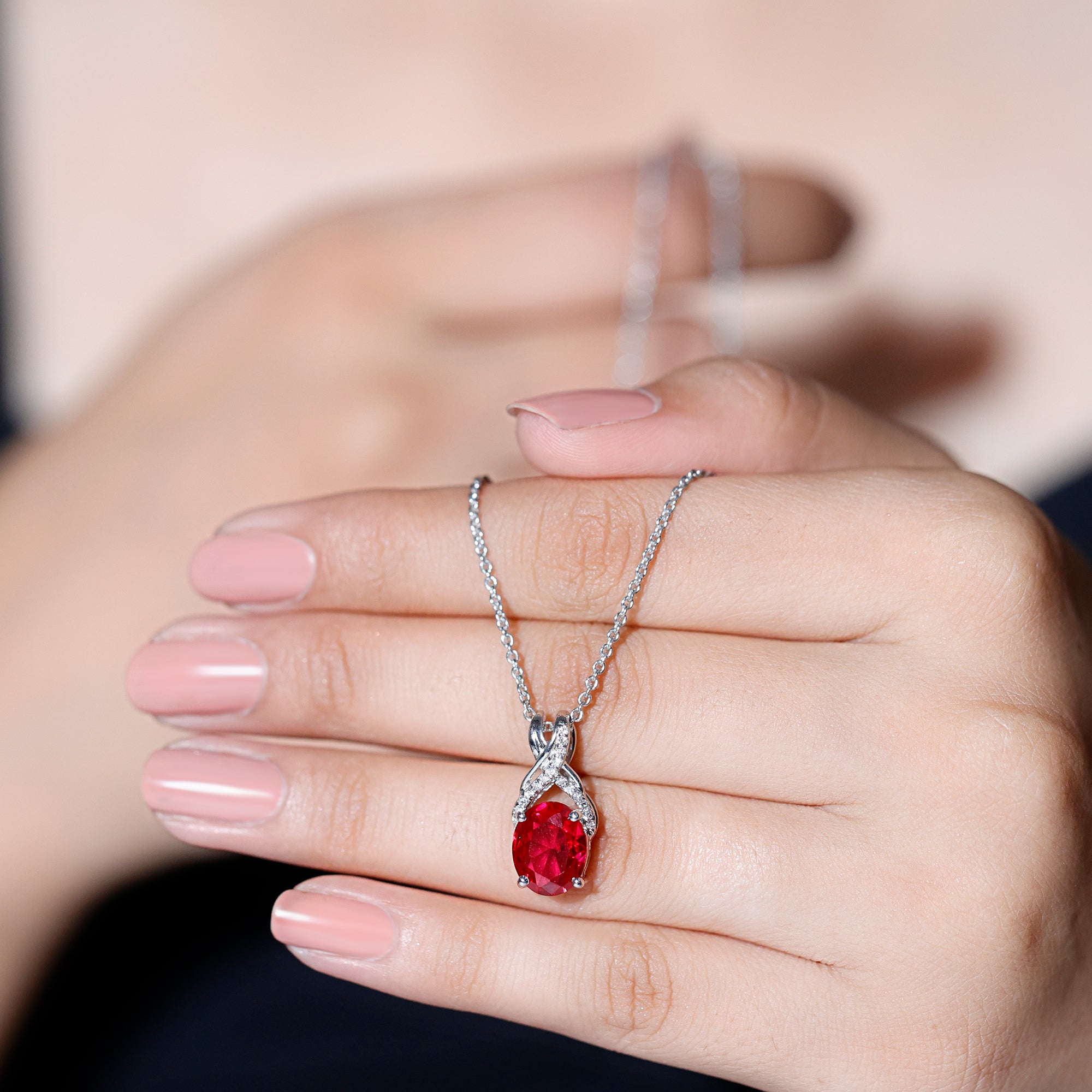 Designer Oval Created Ruby Solitaire Pendant with Diamond Twisted Bail Lab Created Ruby - ( AAAA ) - Quality - Rosec Jewels