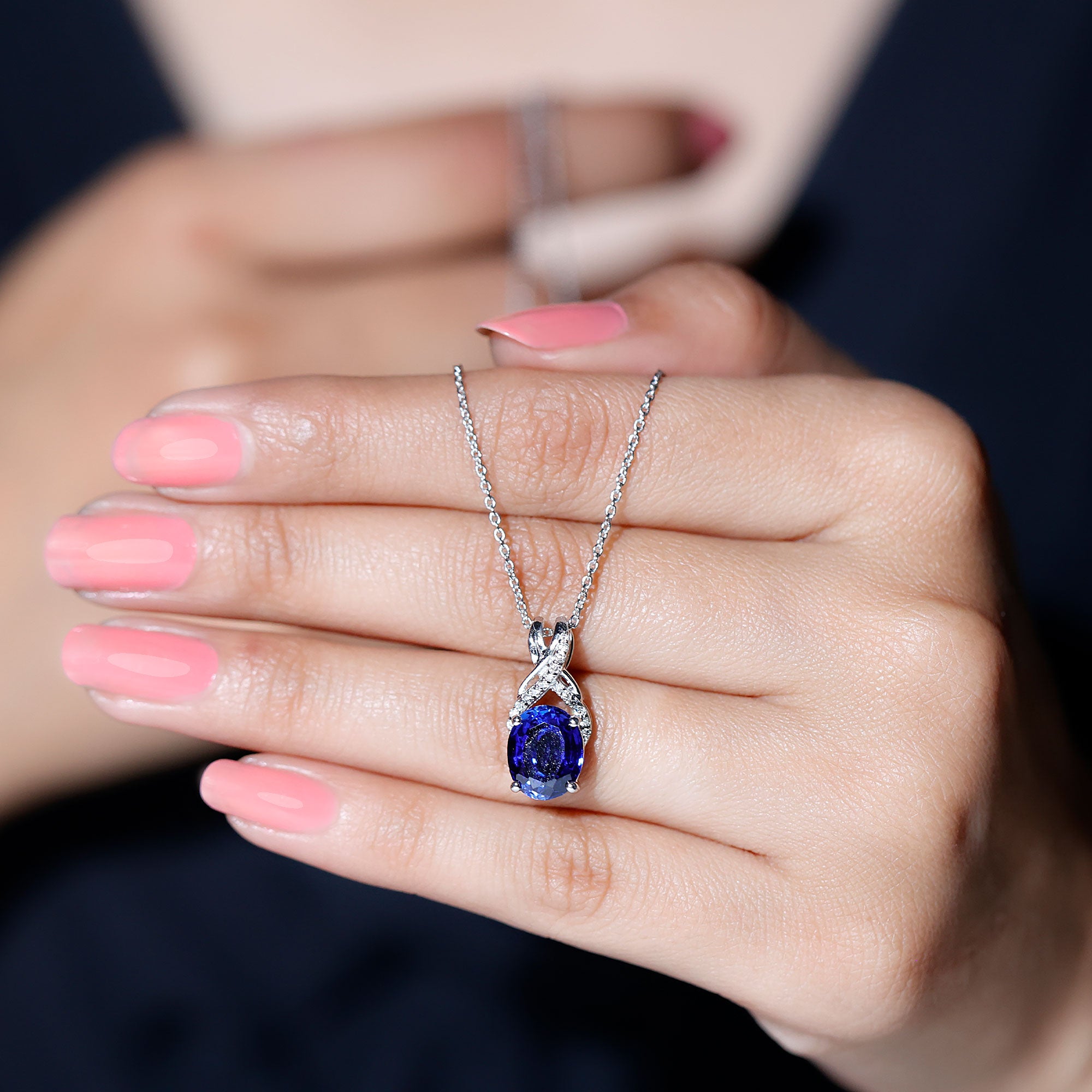 Oval Created Blue Sapphire Solitaire Pendant with Diamond Twisted Bail Lab Created Blue Sapphire - ( AAAA ) - Quality - Rosec Jewels