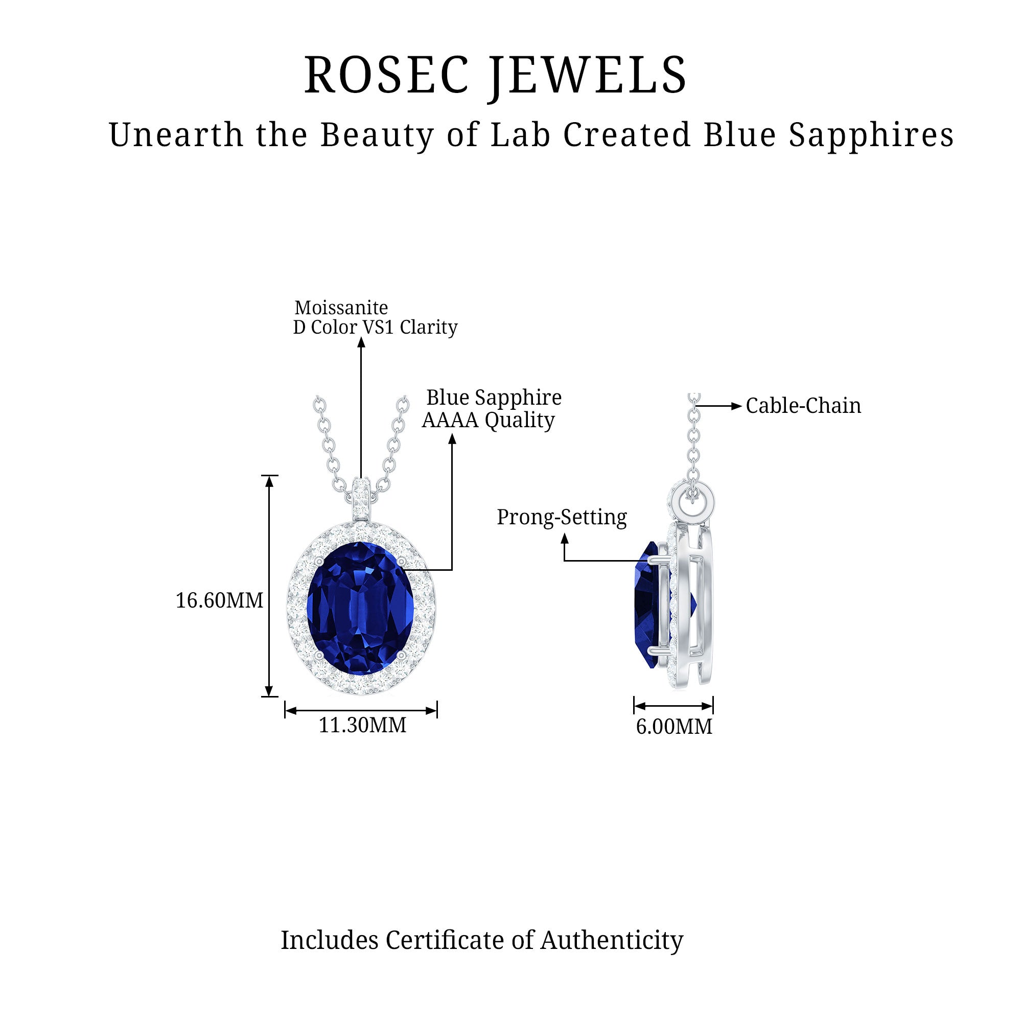 Oval Cut Created Blue Sapphire Halo Pendant with Moissanite Lab Created Blue Sapphire - ( AAAA ) - Quality - Rosec Jewels