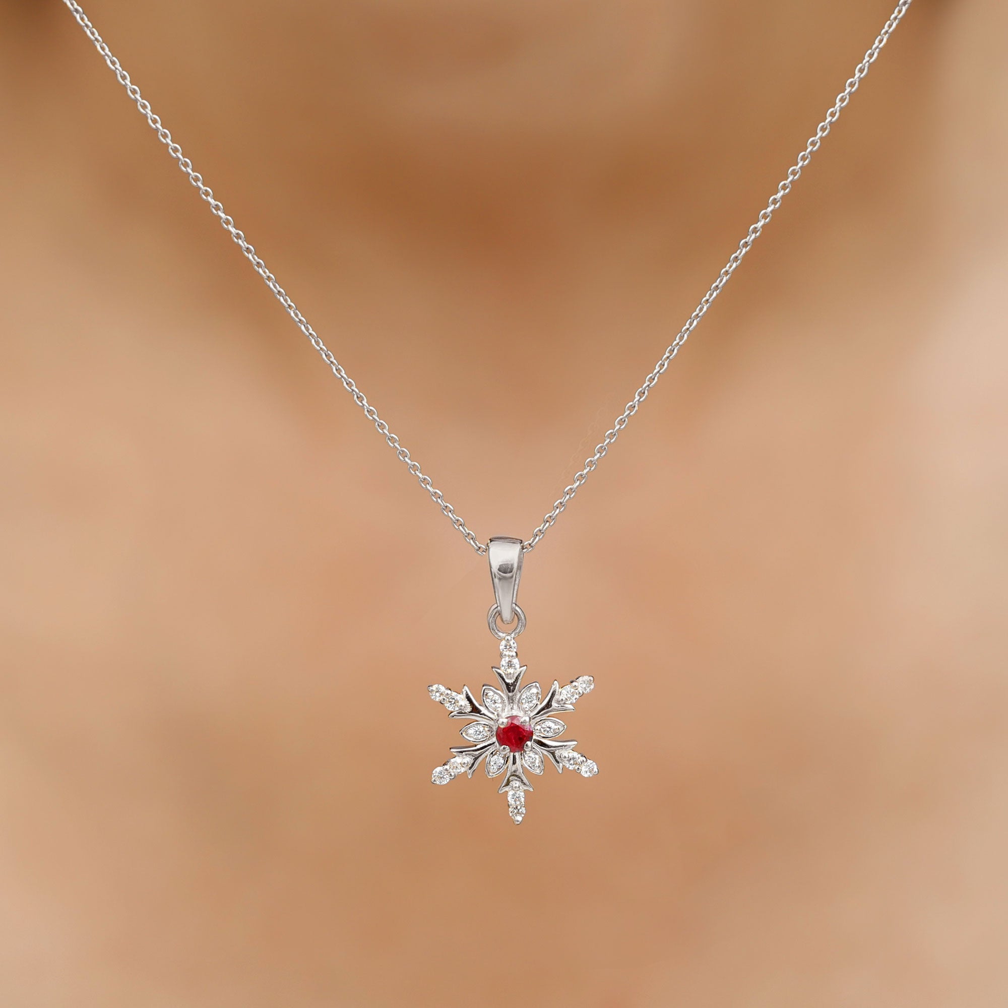 Classic Ruby and Diamond Snowflake Pendant Necklace Ruby - ( AAA ) - Quality - Rosec Jewels